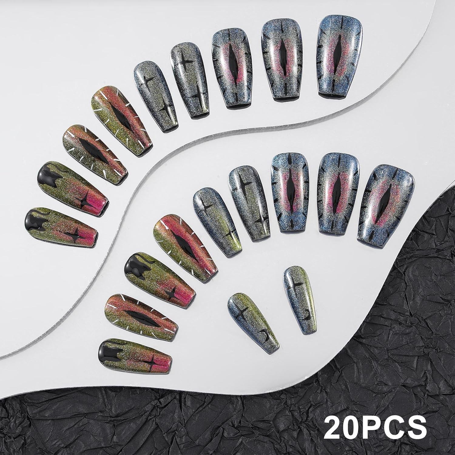 Sethexy Long Coffin Cat Eye False Nails Handmade Painted Sparkling Acrylic Shiny Press on Nails for Women and Girls 20 Pieces (T) image number 6