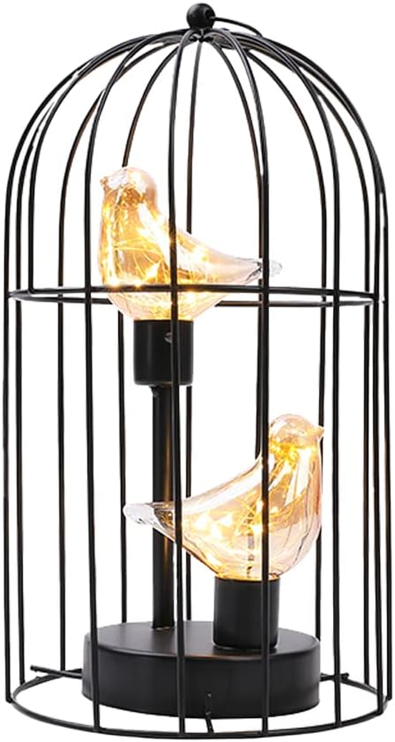 JHY DESIGN Birdcage Decorative Lamp Battery Operated 30CM Tall Cordless Accent Light with Warm White Fairy Lights Bird Bulb for Living Room Bedroom Kitchen Wedding Xmas(Black) - Black Double Bird image number 2