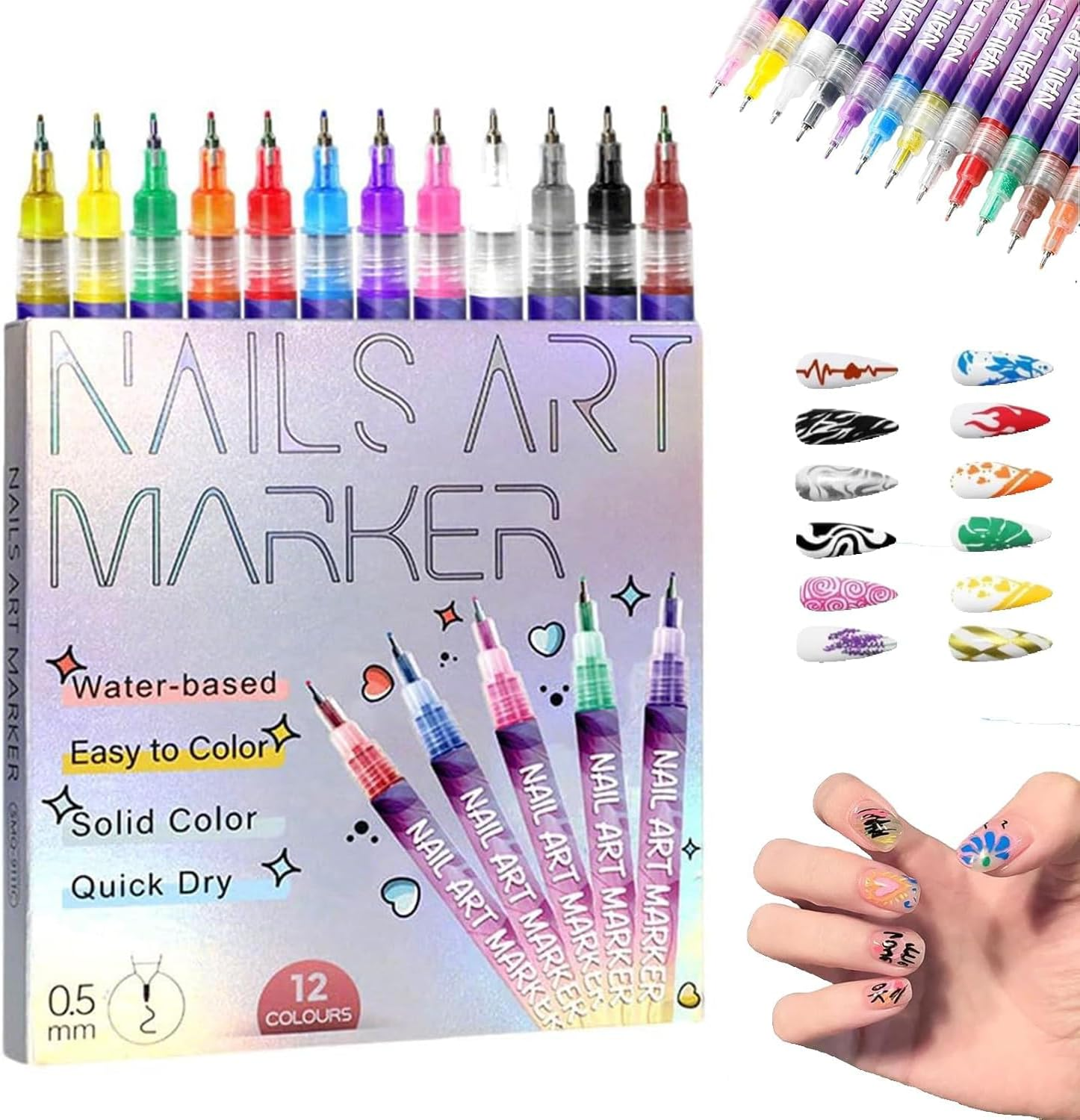 12 Colors Nail Art Pens Set, 2025 New Quick Drying 3D Nail Polish Pens, Nails Art Design, Manicure Nail DIY Decoration, Nail Doodle Pens for Home Salon (1Set)