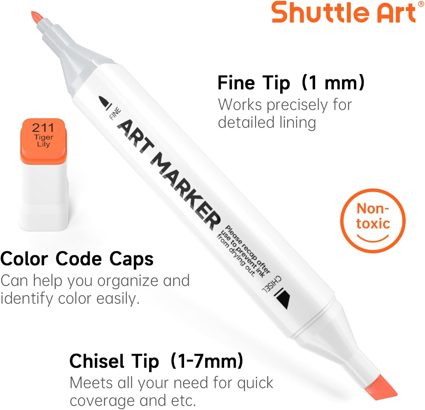 Shuttle Art 205 Colours Alcohol Art Markers, 204 Colours Dual Tip Art Pens plus 1 Blender 1 Marker Pad 1 Case and Colour Chart for Kids Adult Artist Drawing Colouring Books Sketching Card Making image number 2