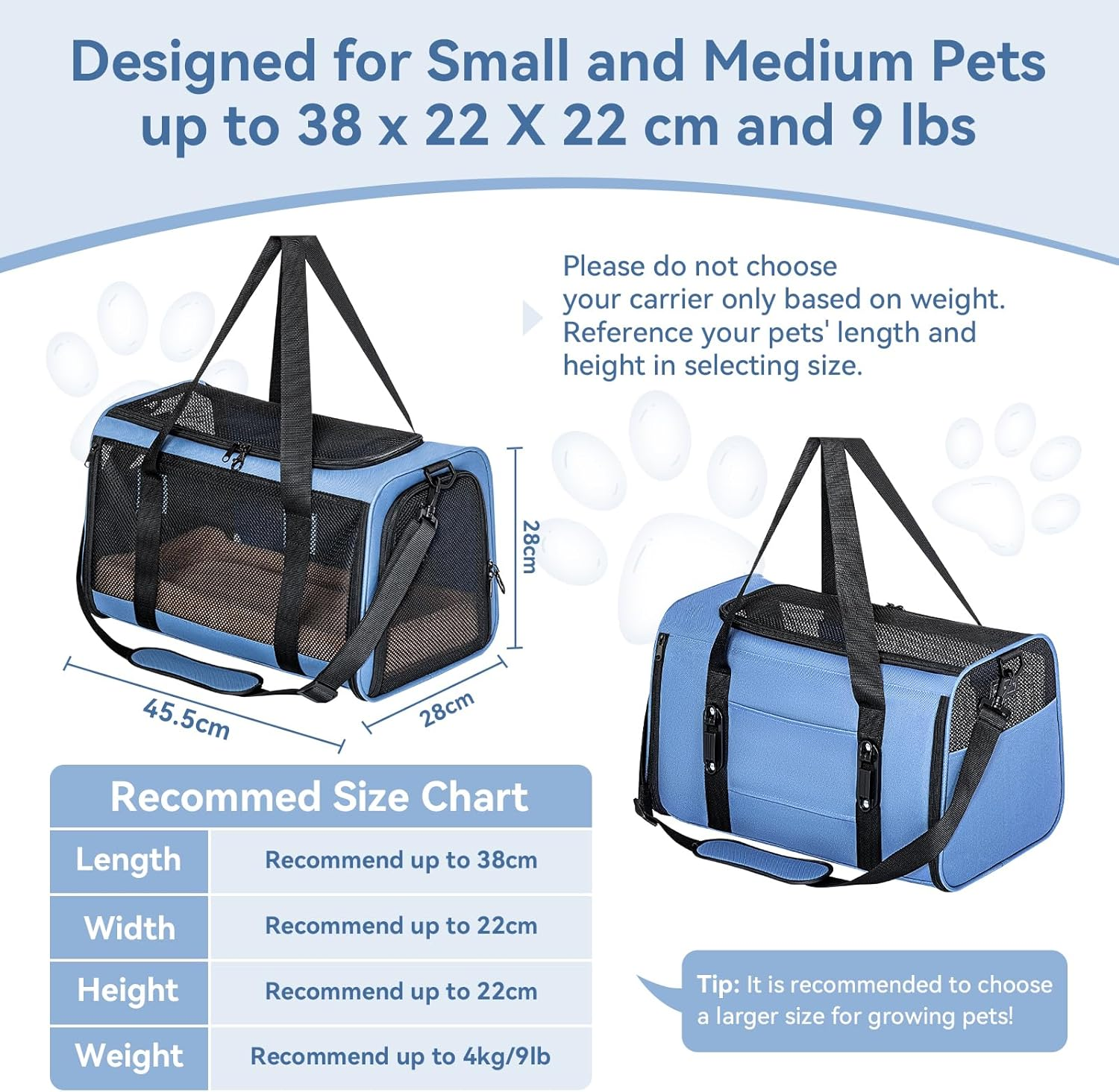 Petsfit Cat Dog Transport Box Car Cat Transport Box Dog - Foldable Carry Bag with 2 Patent Buckles for Car Seat, 4-Sided Mesh & Removable Cushion, M/Blue image number 2