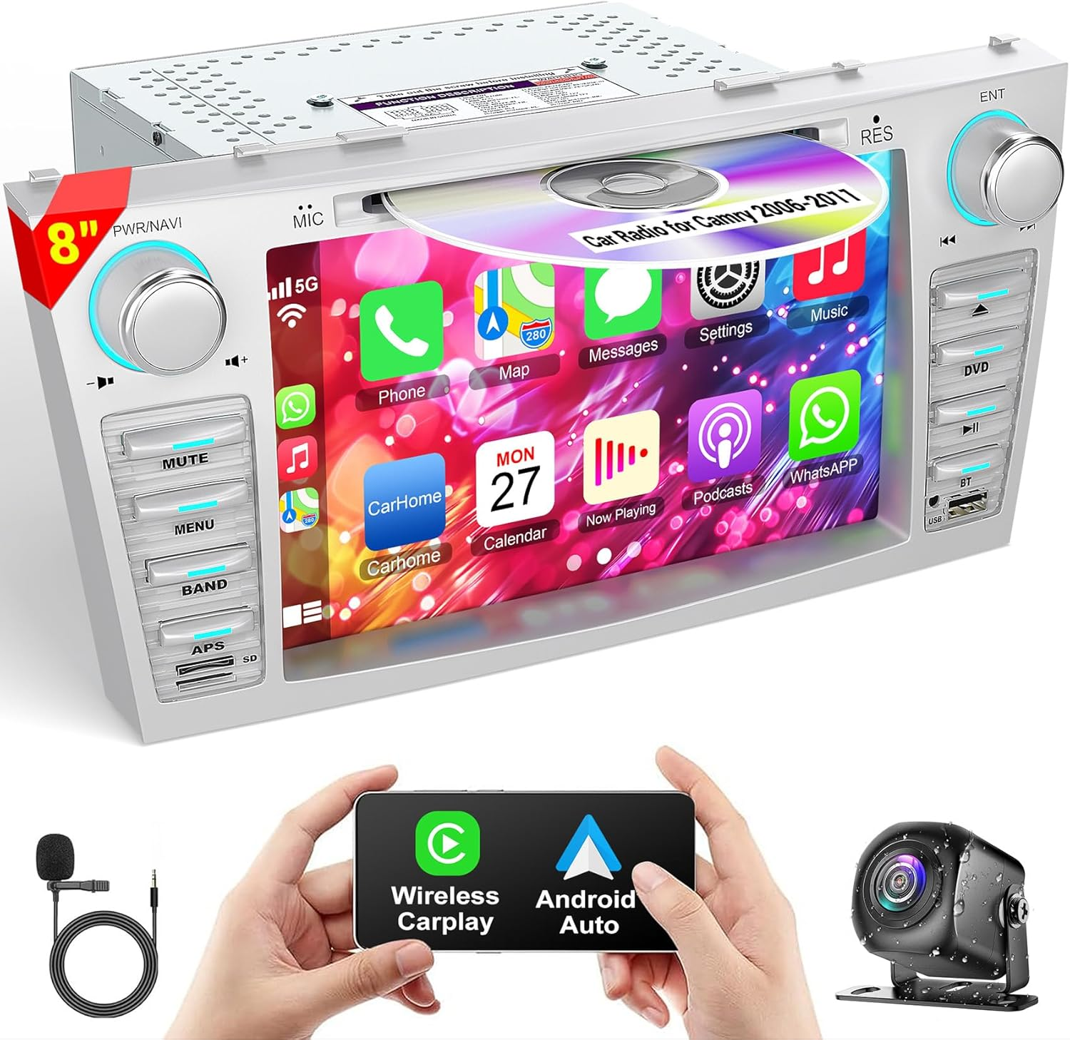 Car Radio for Toyota Camry 2006 2007 2008 2009 2010 2011, 8-Inch Touch Screen Car Stereo Support Cd/Dvd,Carplay&Android Auto, Bluetooth5.2&Voice Control, Backup Camera& SWC,AM/FM Car Radio Receiver