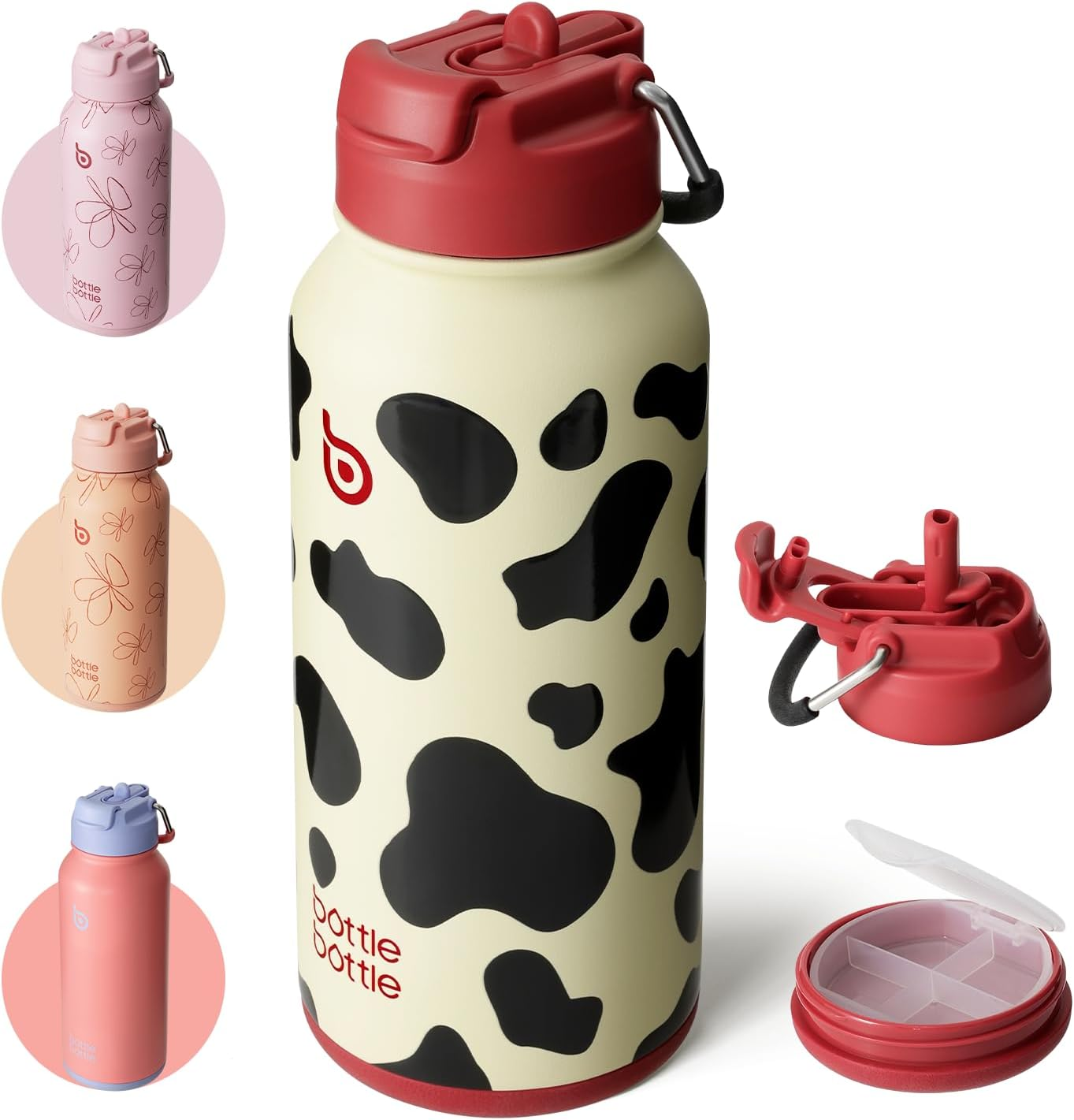 BOTTLE BOTTLE 32 Oz Insulated Water Bottle Stainless Steel Sport Water Bottle with Straw Dual-Use Lid Design for Gym with Pill Box (Cow) image number 3