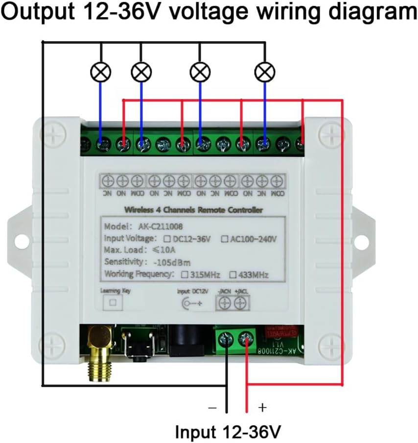 Aribrnten DC 12V 24V 36V 10A 433Mhz 4 Channel Wireless Relay RF Remote Control Switch Receiver+4Ch Transmitter,1 Receiver 2 Remote image number 5
