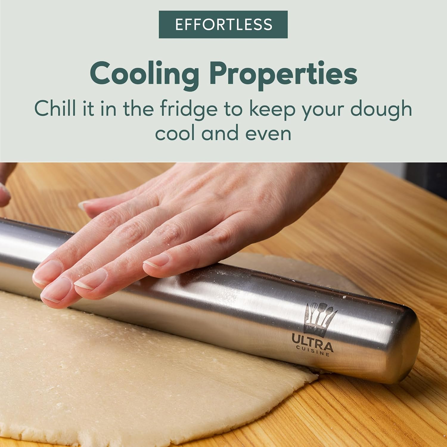 Ultra Cuisine Professional French Rolling Pin for Baking - 15.75" Smooth Stainless Steel Metal and Tapered Design Best for Fondant, Pie Crust, Cookie and Pastry Dough - Baker Roller By image number 2