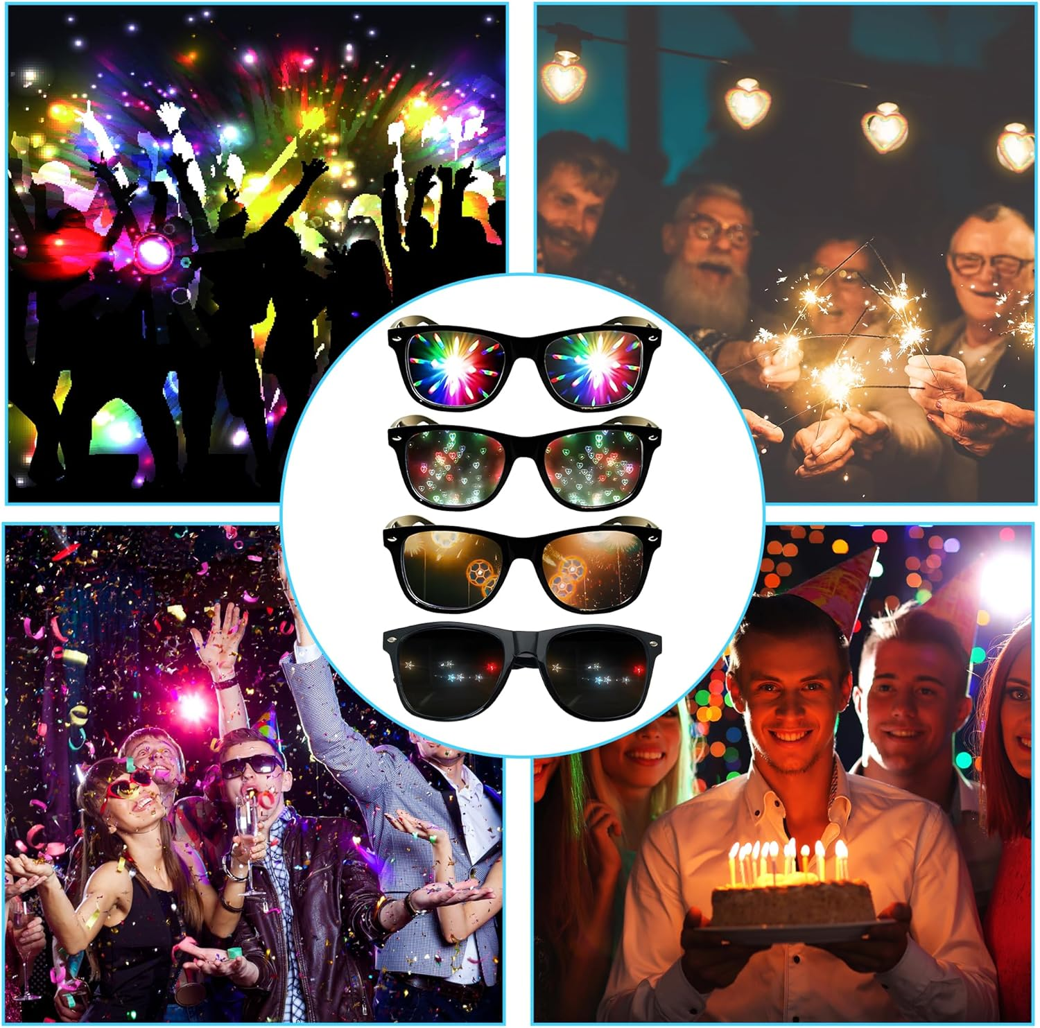 4 PCS Diffraction Glasses for Raves & Parties &ndash; 4 Kaleidoscope Effects (Heart, Star, Firework, Football), Party Sunglasses for Music Festivals, Concerts, Nightclubs & Costume Events image number 5