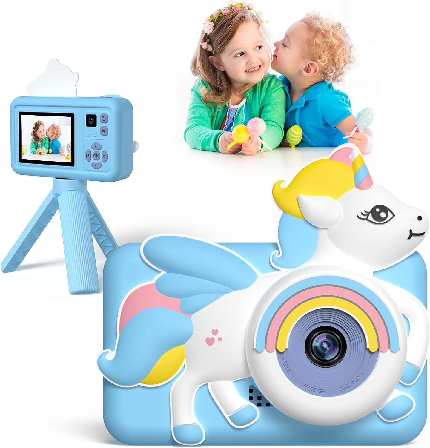 Kids Digital Camera with Tripod, 1080P HD /2 Inch Screen/ 32G Card/Music Video Camera with Unicorn Silicone Cover, Children Selfie Camera for Boys Girls Age 3-12 Years Old (Blue) image number 6