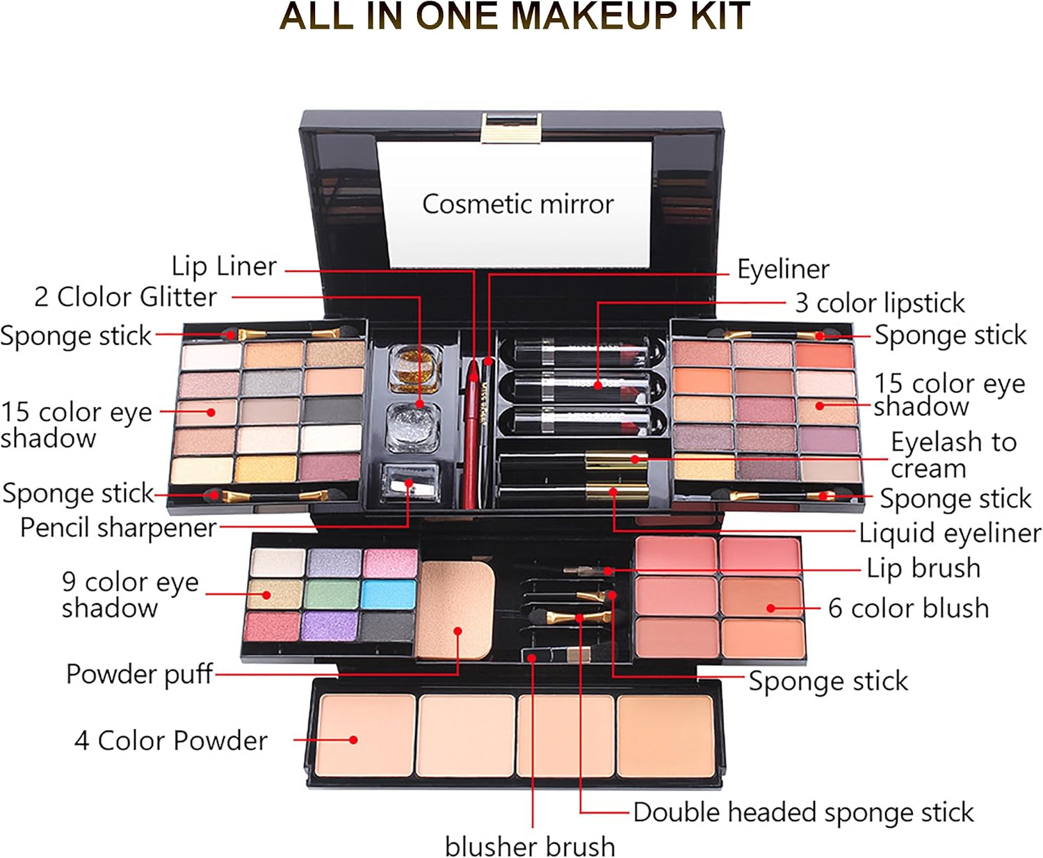 Hoorayeah All in One Makeup Kit - Makeup Sets for Women - Makeup Gift Set Include Eyeshadow Palette Lipstick Blush Concealer Face Powder Eyeliner Mascara Brush image number 2