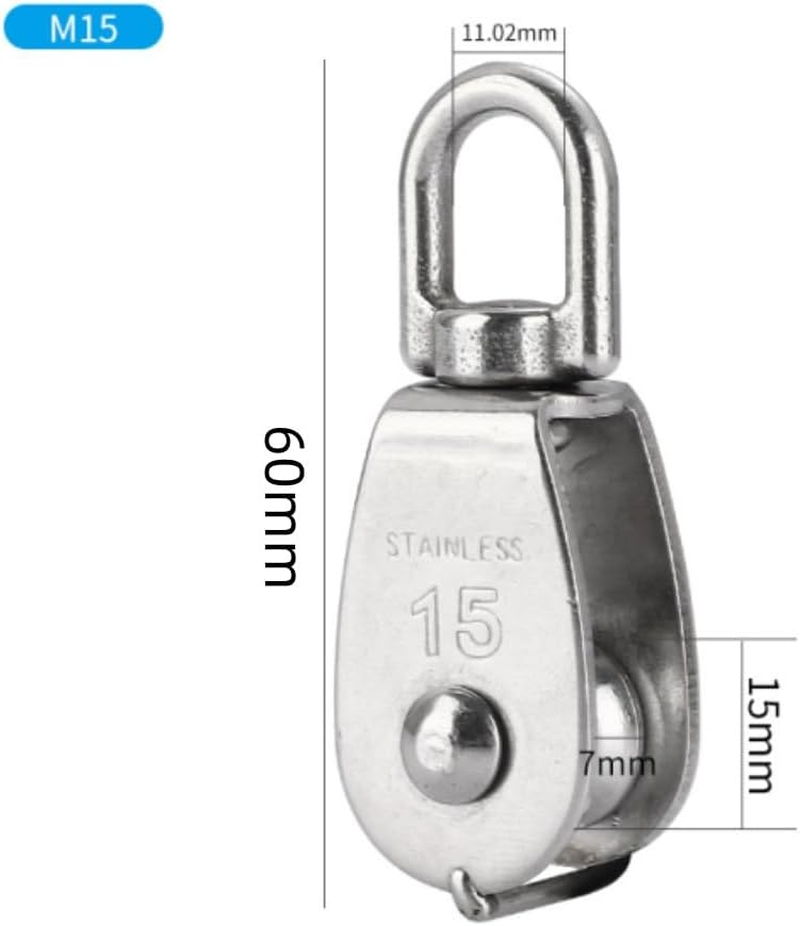 Stainless Steel Wire Rope Crane Pulley Block M15 Lifting Crane Swivel Hook Single Pulley Block Hanging Wire Towing Wheel,304 Stainless Steel 0.59" (6PCS) image number 2