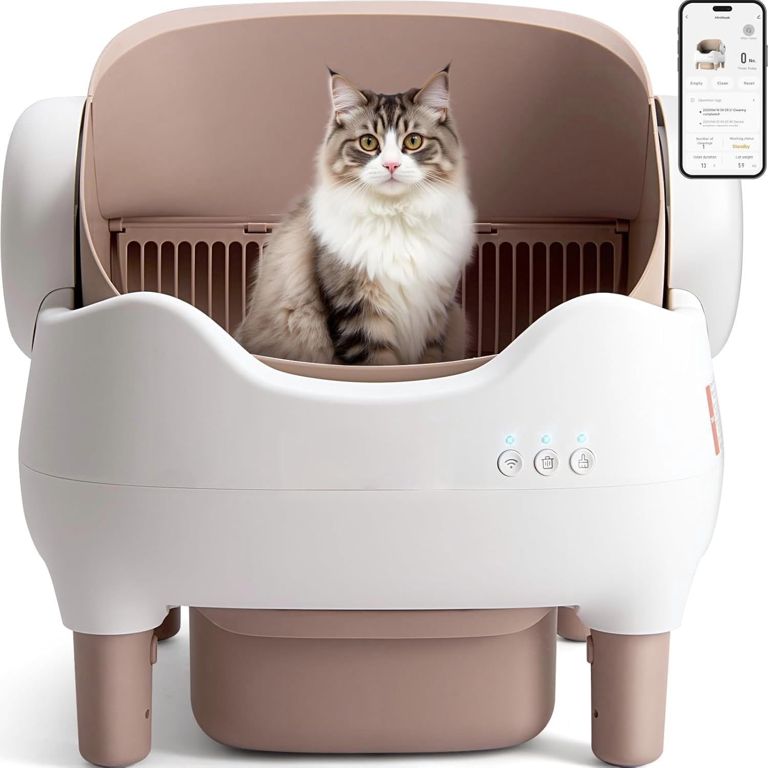 Automatic Cat Litter Box Self-Cleaning Cat Litter Box with Open-Top Design, Included Safety Sensor and 10L Large Waste Bin, with Trash Bags Coffee Brown (White) image number 6