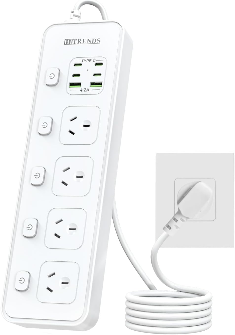Power Board USB C, Surge Protector Power Strip with 4 AC Outlets, 4 Type C Ports and 2 USB Ports, 2M Extension Cord, Independent Switches,13A/3250W Power Board for Home Office image number 2