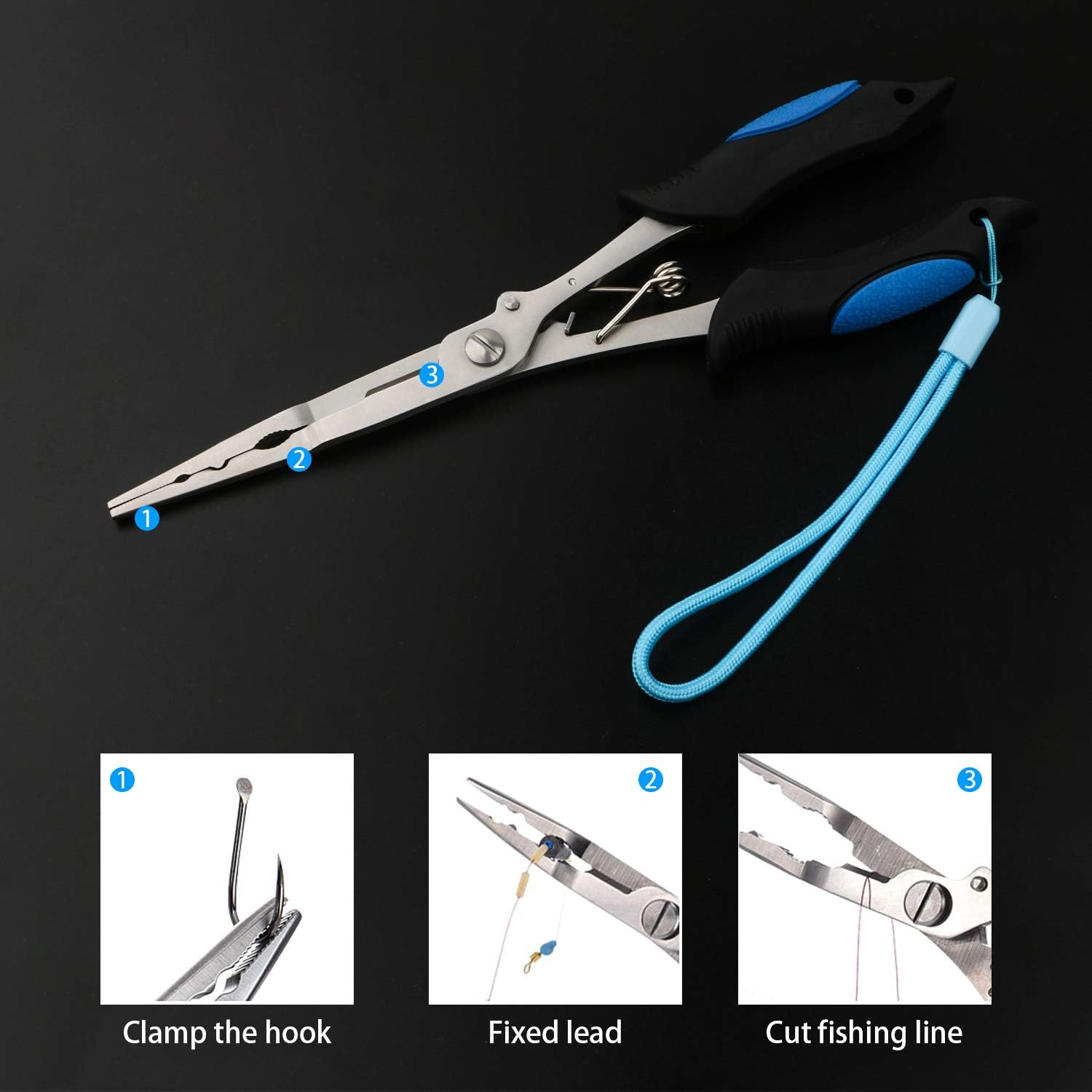 Supsshop Fishing Long Nose Pliers Stainless Steel Fish Hook Remover Split Ring Pliers Fishing Line Cutter Tools 3 Size Lanyard Fishing Gear with Lanyard for Freshwater Saltwater