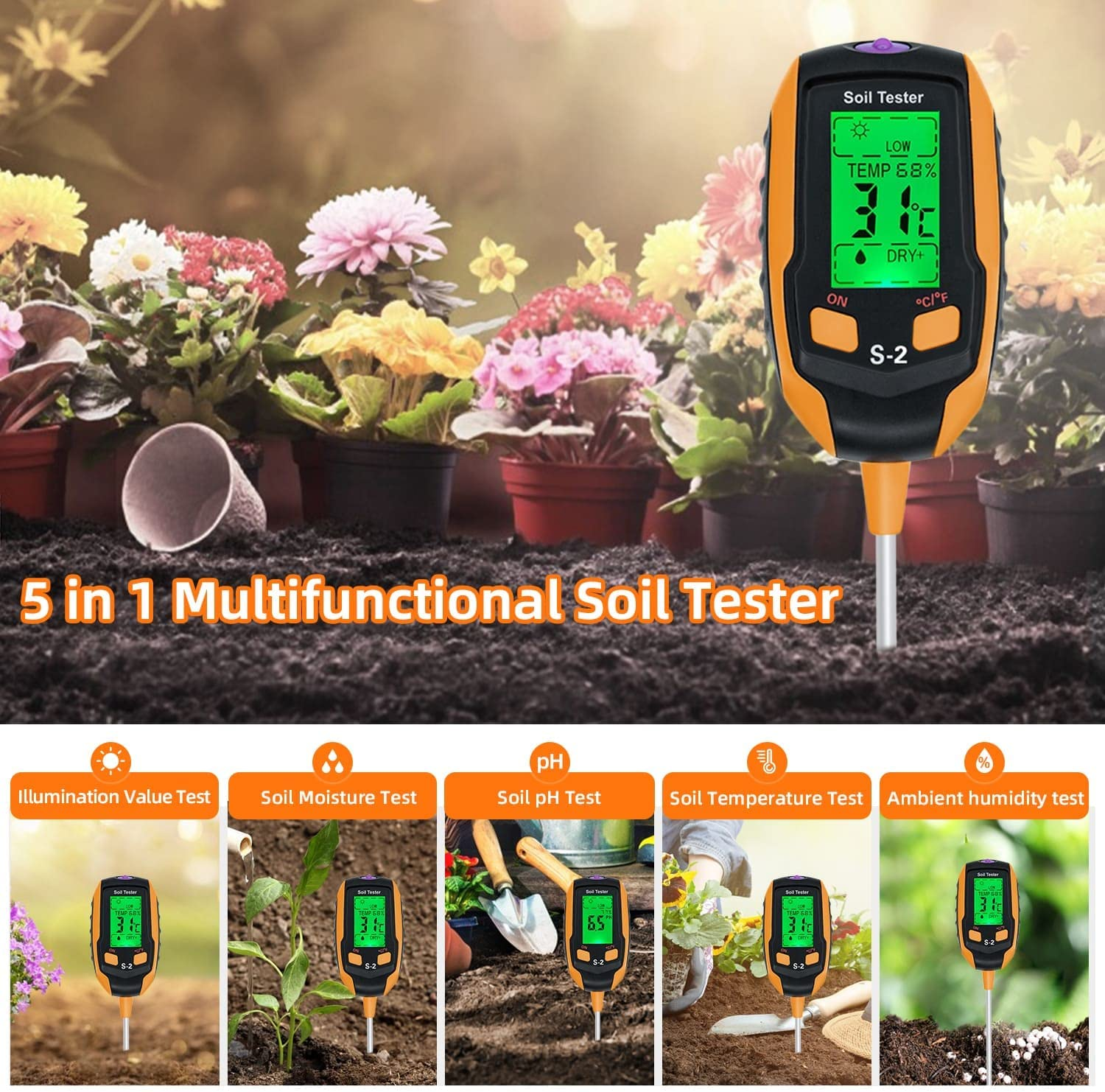 Mcbazel 5-In-1 Soil Ph Tester for Precise Gardening: Ph/Moisture/Light/Temperature and Humidity,Digital Sensor Hygrometer Soil Detector for Gardening Lawn Farming and Outdoor Plants -S2 image number 6