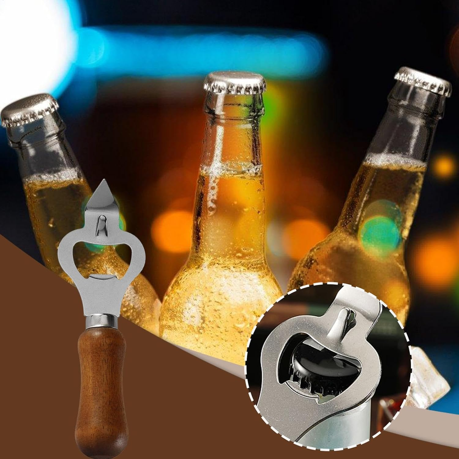 Beer Bottle Opener | Wooden Handle Bottle and Can Opener Manual - Beer Bottle Accessories, Multifunctional Beer Can Opener Tool for Family Gatherings image number 1