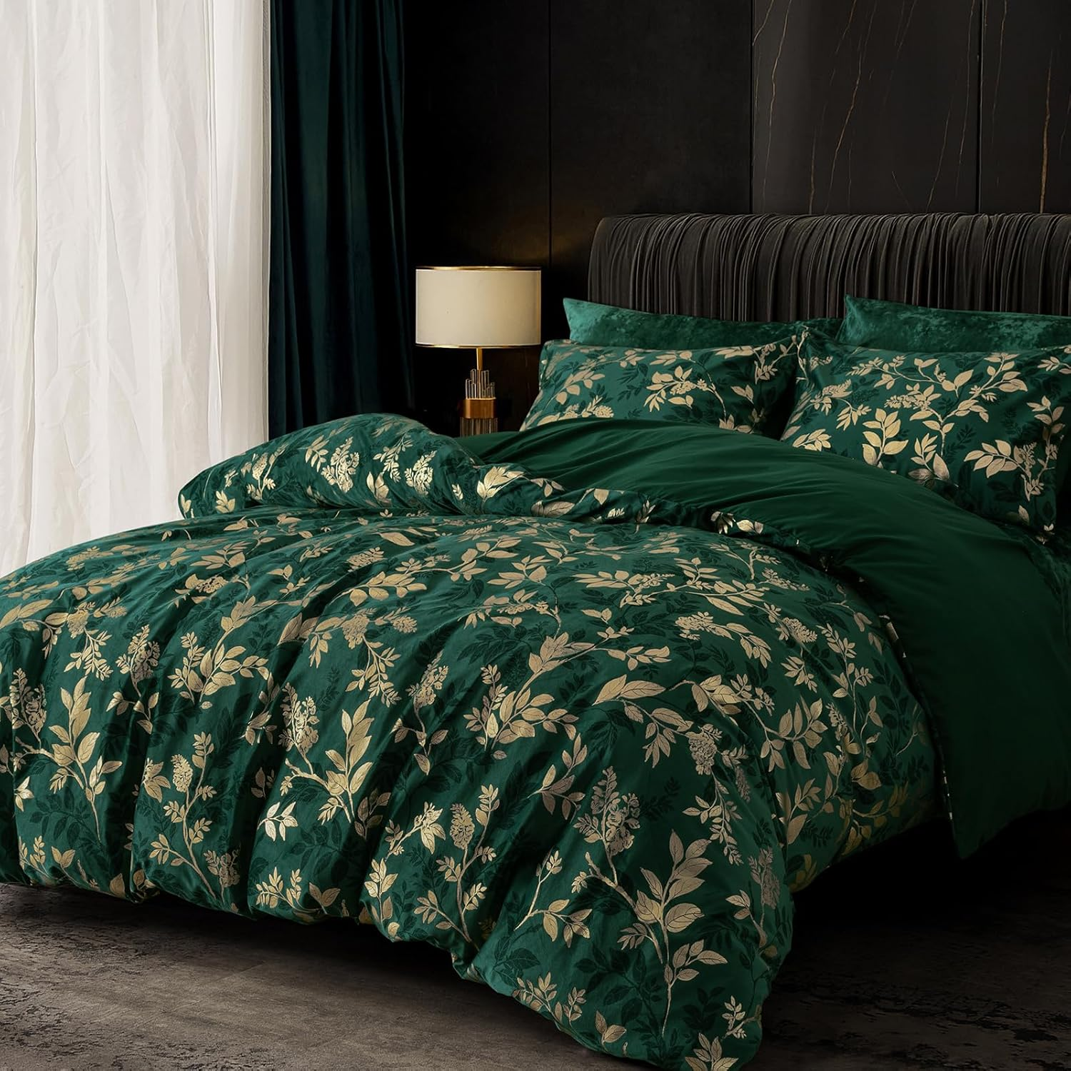 PHF Truly Velvet Duvet Cover Set King Size, 3Pcs Leaves Print Ultra Soft Breathable Comforter Cover Set, Luxury Cozy Flannel Duvet Cover with Pillow Shams Bedding Collection, 104" X 90",Green and Gold image number 2