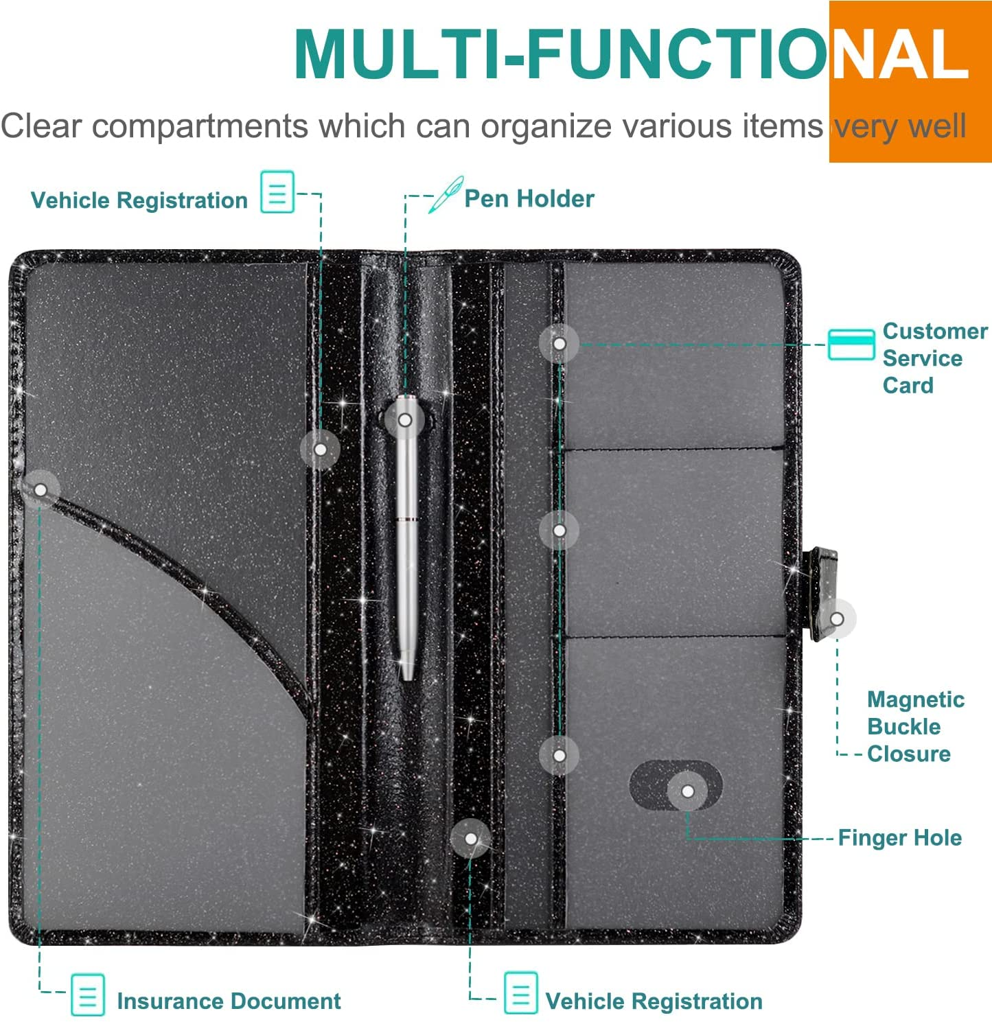 Rsaquar Car Registration & Insurance Holder, Glove Box Organizer for ID, Driver'S License Cards & Essential Documents, Men & Women, AAA Glitter Black, Large, Bling - Aaa Glitter Black image number 5