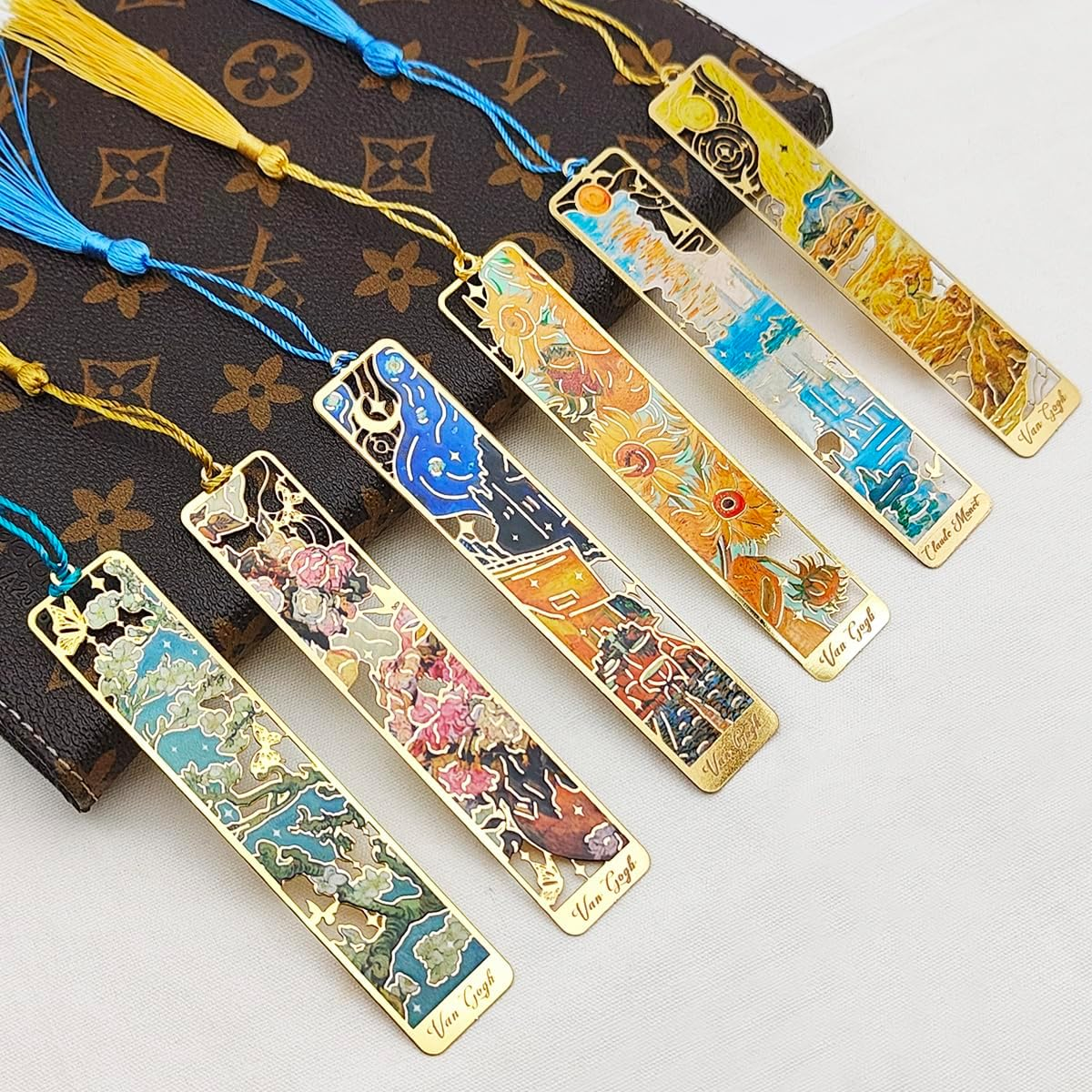 6 Pcs Metal Bookmark with Tassels, Finegood Golden Hollow Bookmarks for Women Oil Painting Book Marks for Reading Book Lovers image number 1