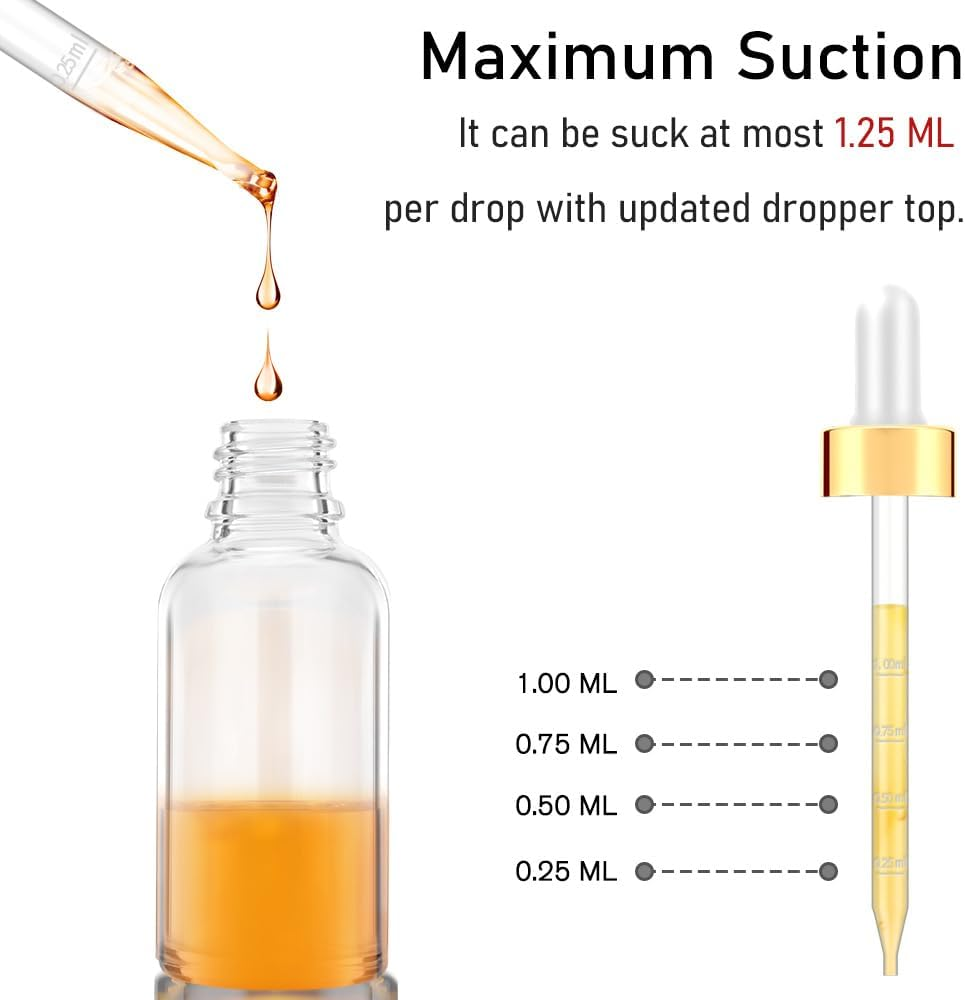 Bumobum Dropper Bottles 4Oz, 12 Pack Clear Glass Eye Dropper Bottle for Essential Oils with Labels and Funnels, Tincture Bottles with Golden Top (Unbreakable Plastic Dropper with Measurements)