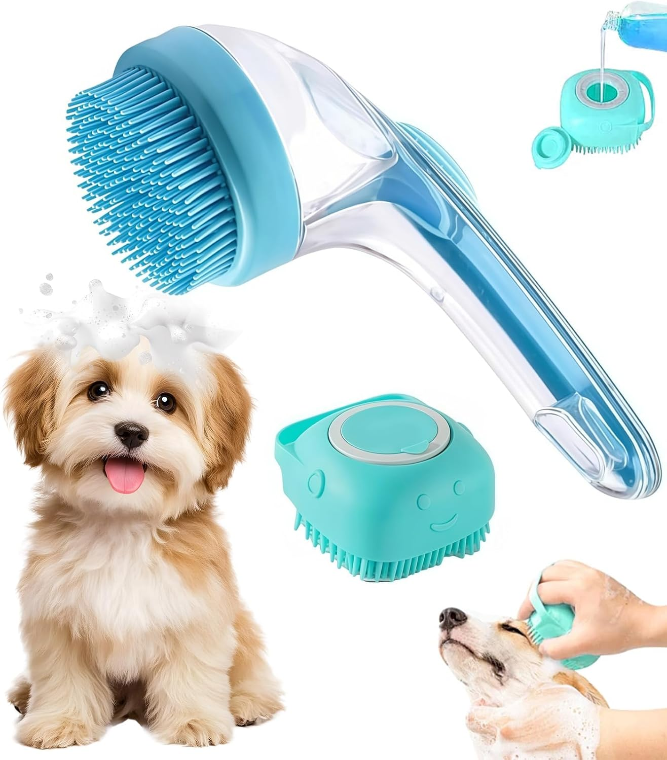 2Pcs Dog Bath Brush Set - Shampoo Brush & Bubble Maker with Adjustable Handle, Paw Washer & Massage Grooming Tool for Short/Long Hair Dogs & Cats (Blue Blue)