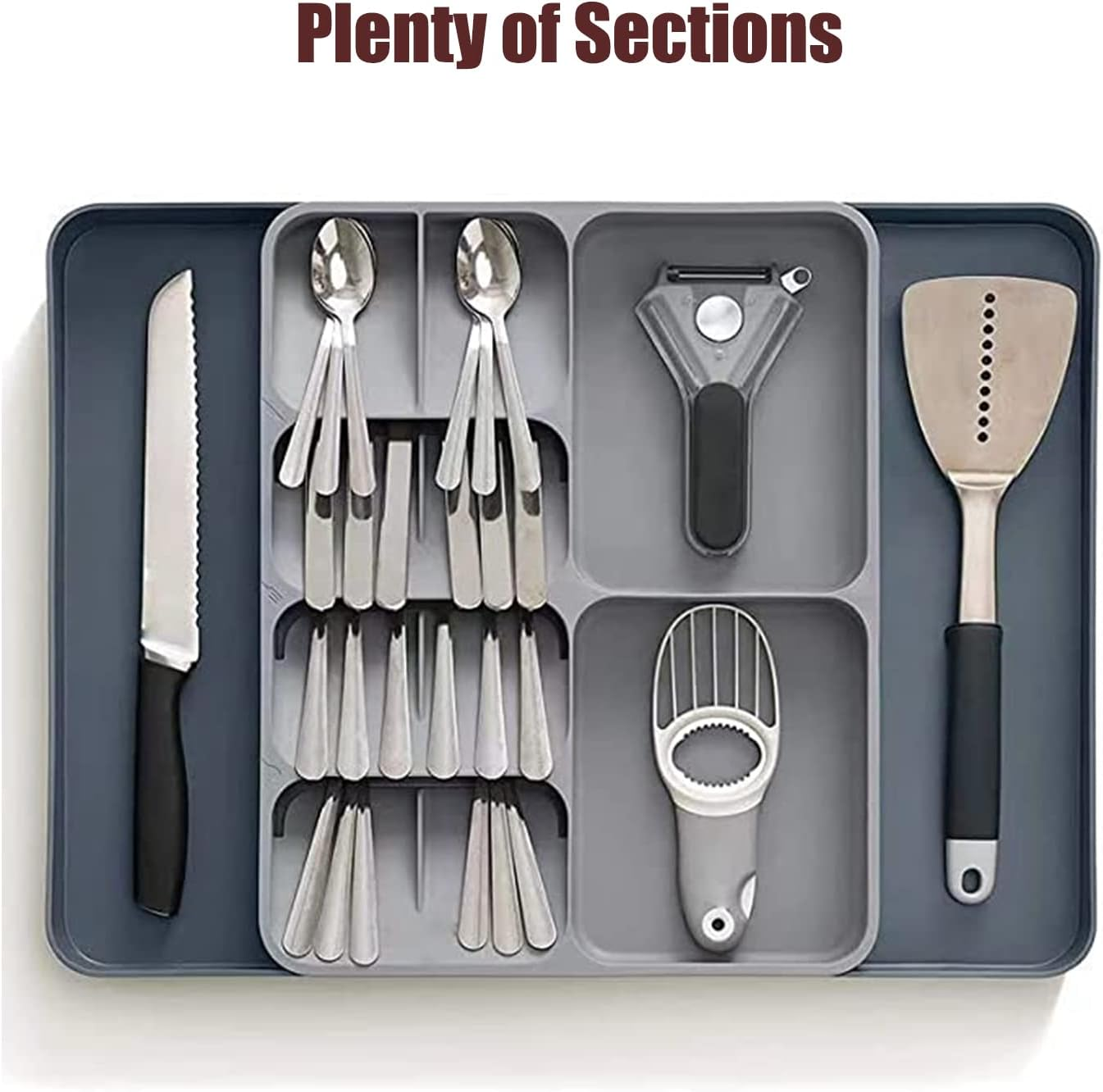 FOREVERIE Extendable Cutlery Drawer Organiser & Utensil Tray &ndash; Adjustable Width (28-53Cm), 39Cm Organizer Depth (Fits 40Cm+ Drawers), 5.5Cm Low Profile, Knife, Fork & Spoon Storage, Space Saving Grey image number 3