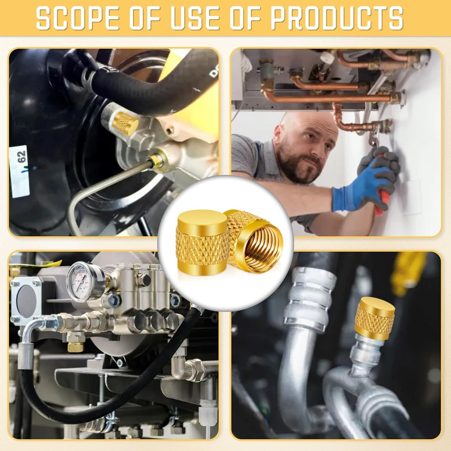 25 PCS 1/4 Flare Caps, Brass Valve Caps HVAC, round Brass Cap, Metal Valve Stem Caps for Air Conditioning Industry Tubing (Gold) image number 2