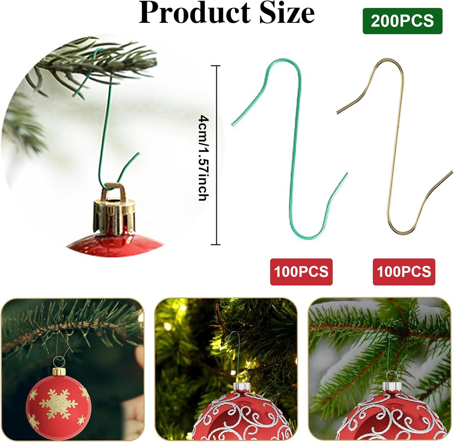 Christmas Tree Ornament S Hooks,Haakhui 200Pcs Metal Wire Ornament Hooks,Lightweit and Easy Haning to Xmas Tree,Gold and Green Easy Matching Anywhere