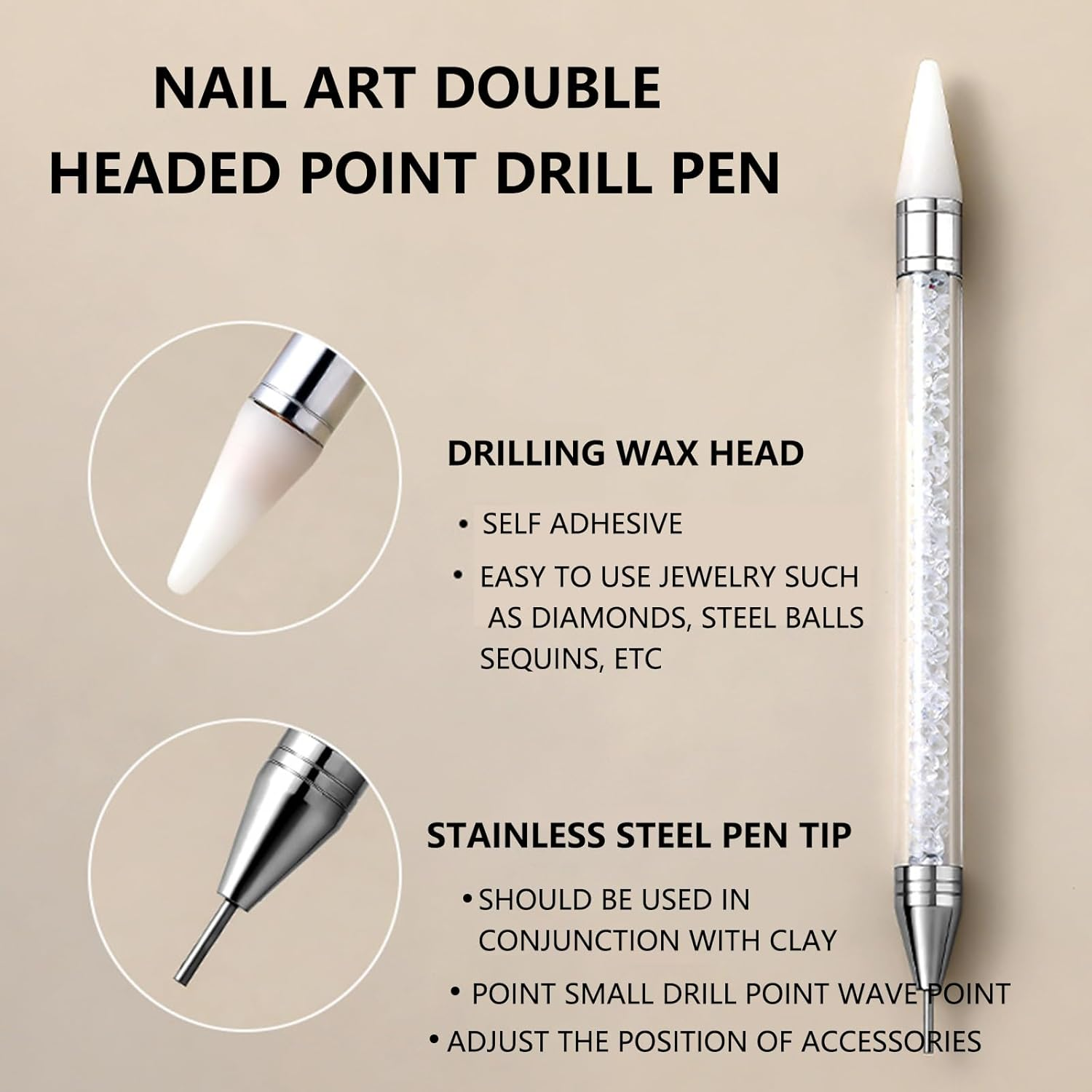 Taoluwin Diamond Nail Art Pen, Double Heads Point Drill, Self-Stick Wax Tip, Diamond Painting Pen with Protective Cap for Rhinestones Gems, Reusable Drill Tool image number 5