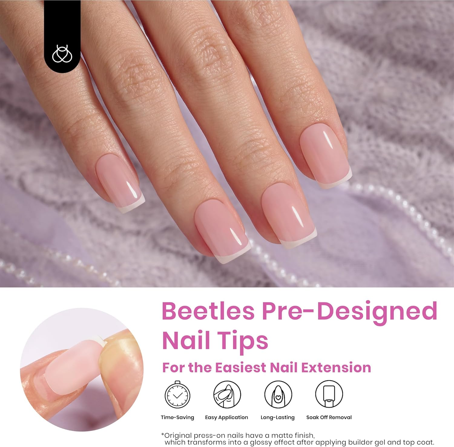 Beetles Gel Polish Short Square Nails with French Tip, 224 Pieces, Pink Shaped Tips, No File Needed, for DIY Artistic Gifts Women image number 5