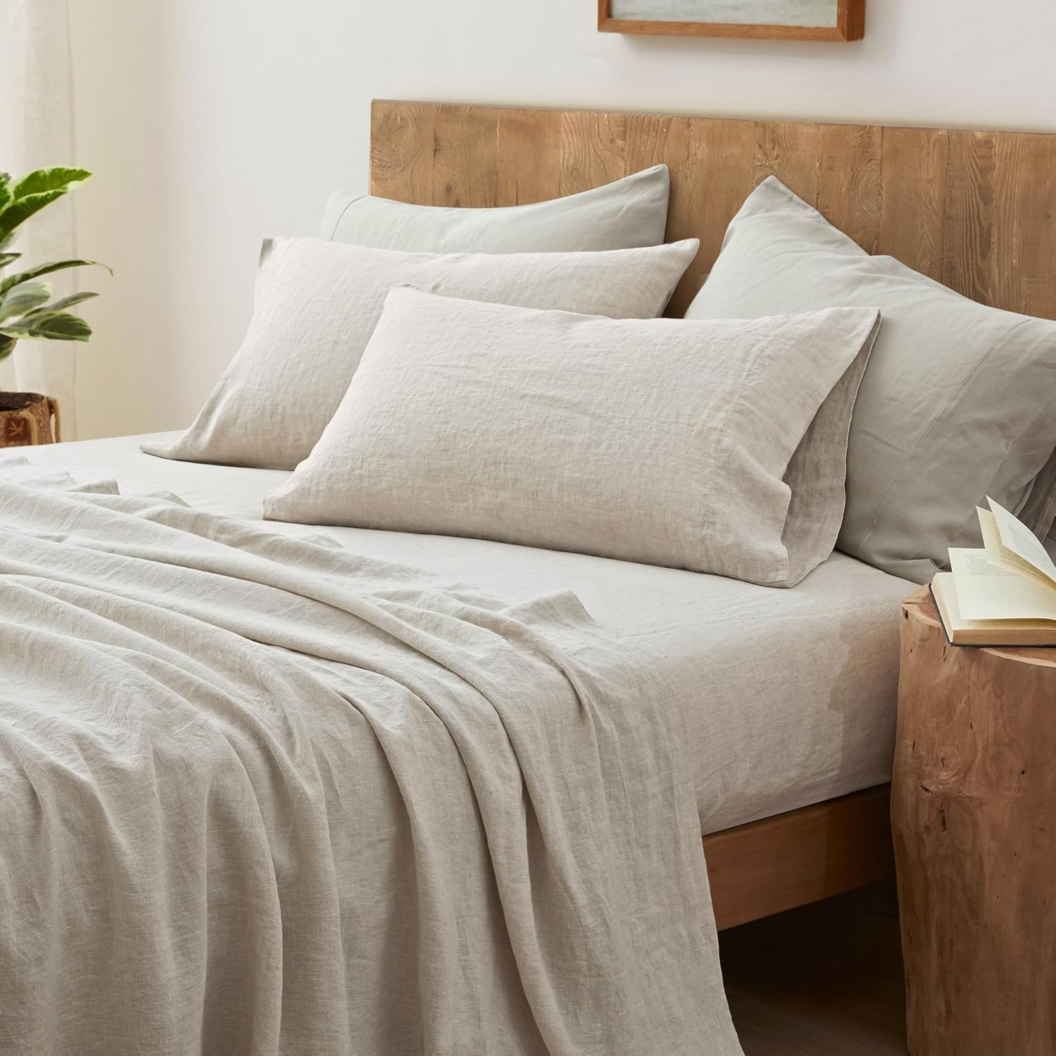 ATLINIA 100% Pure Flax Linen Bedding Set - Stone Washed French Linen Organic Fabric Boho Bedding Deep Pocket Fitted Sheet Farmhouse Flat Sheet 2 Pillowcases (Natural, Double) image number 4