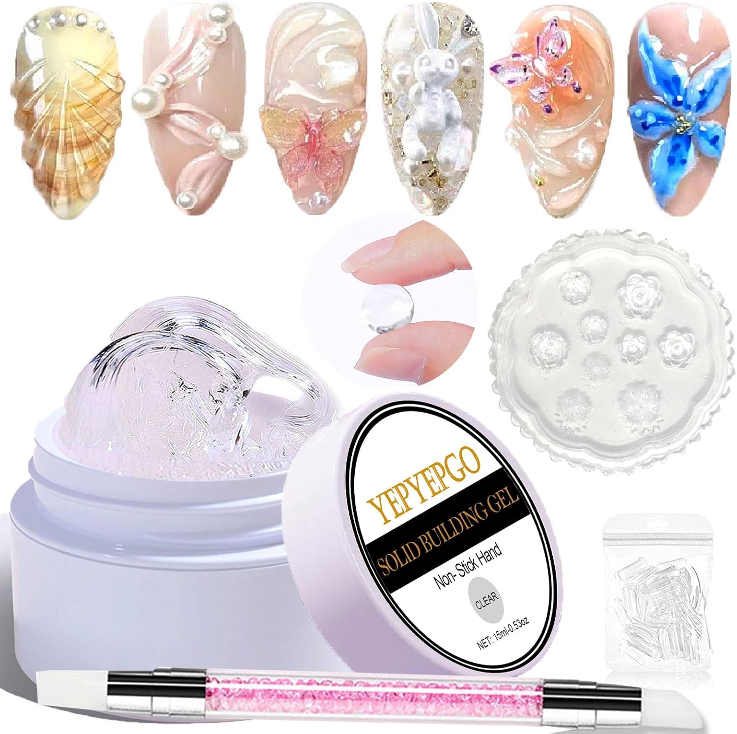 YEPYEPGO Solid Builder Sculpture Gel for Nails - Non-Sticky Hand 3D Sculpting Gel with Nail Forms, Nail Extension Nail Art Home Manicure DIY for Women, Clear 15G