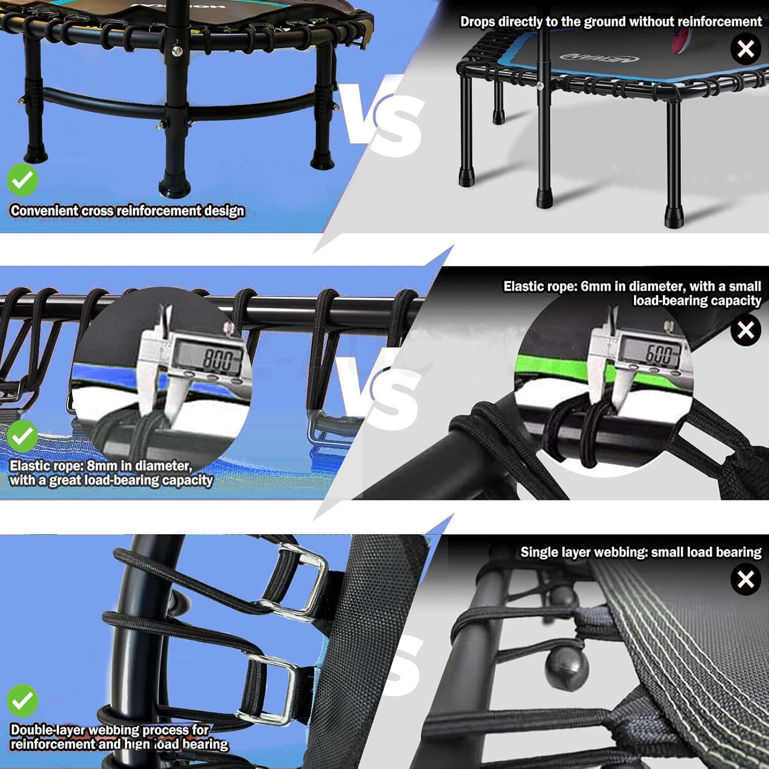 HOMKAI 48" Foldable Mini Trampoline Rebounder,Fitness Trampolines,T Shape Adjustable Foam Handle, Stable & Quiet Exercise Rebounder for Kids Adults Indoor Outdoor Workout, Blue image number 5