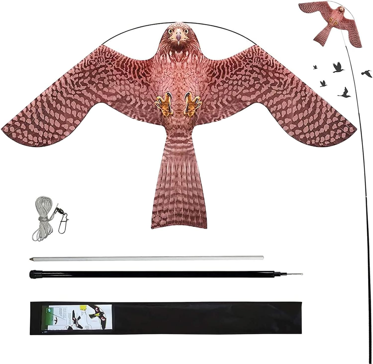 Flerigh Bird Hawk Flying Kite with Pole Crops Farm Protector Bird Scarer Flying Kite with 4M Telescopic Pole Professional for Farm Garden