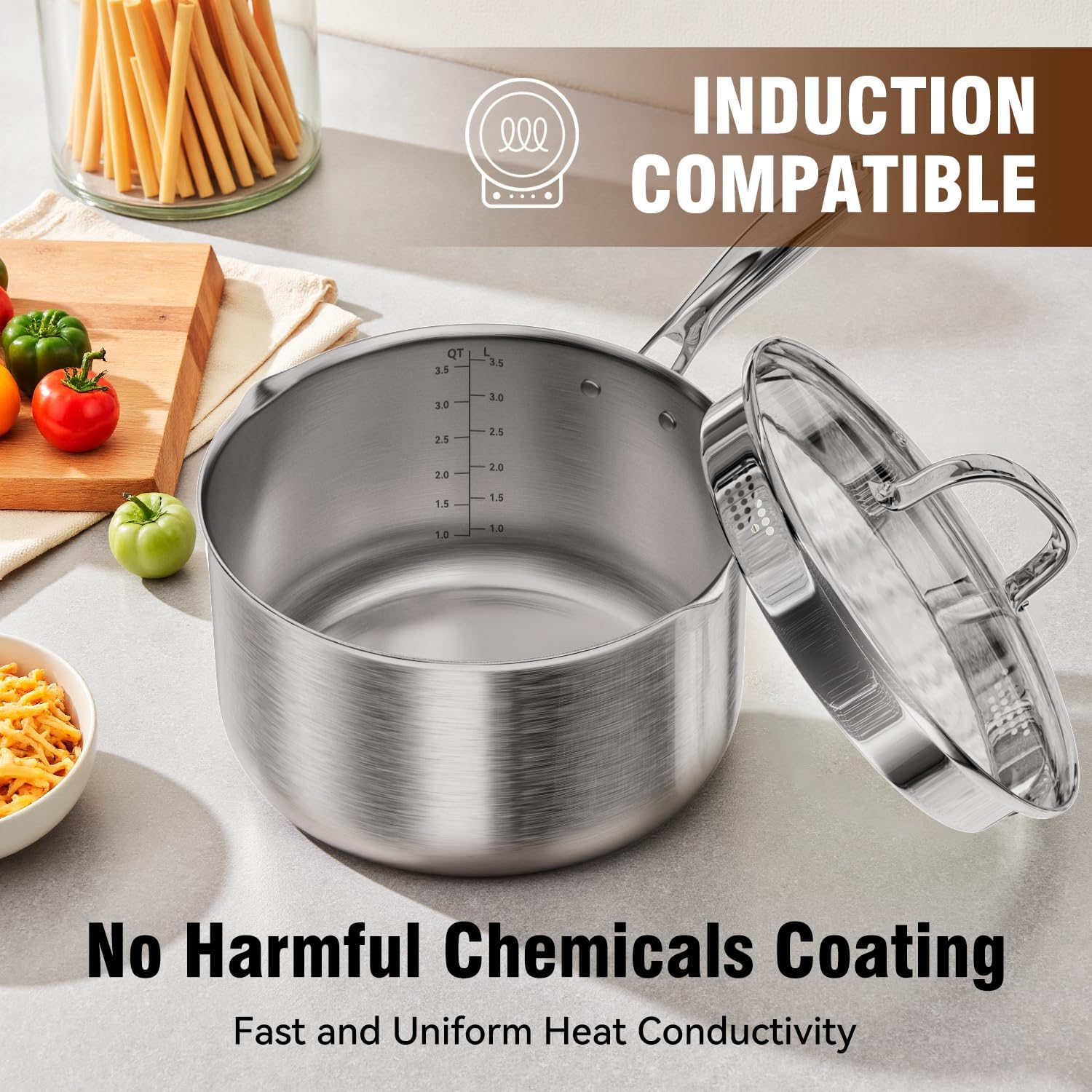 Micomlan Saucepan Stainless Steel - 20Cm / 3.5L Cooking Pot Saucepans Milk Pan, Induction Cookware with Glass Lid, Dishwasher Safe Kitchen Stock Pot with Stay-Cool Handle for Baby Food, Soup, Sauce image number 2