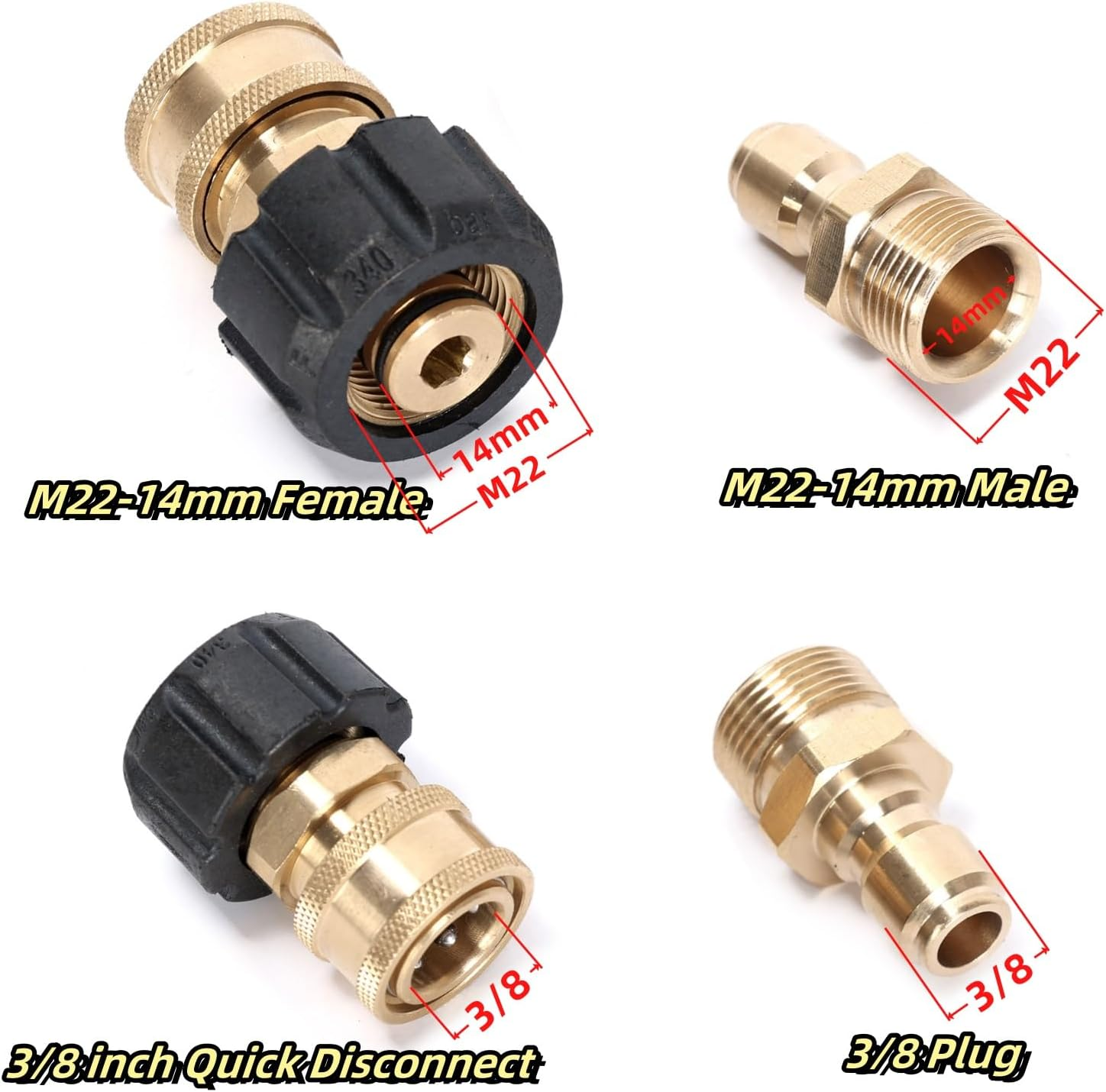 Ruimou 2PCS High Pressure Washer Adapter Set (M22-14Mm Inner Diameter to 3/8 Female Head+M22-14Mm Inner Diameter to 3/8 Male Head) for Connecting Universal Guns, Hoses, and Pumps, 5000PSI image number 5