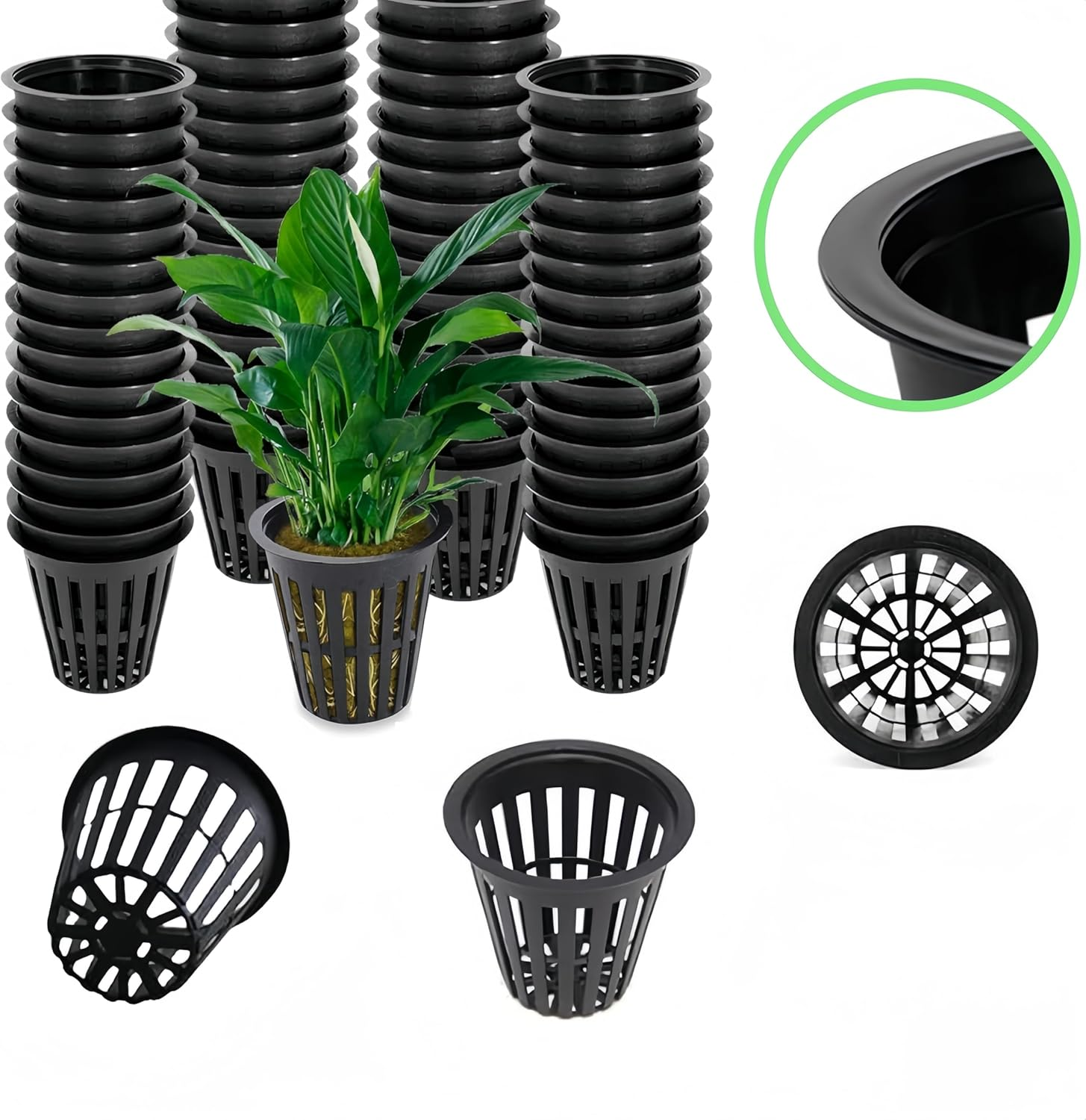 50 PCS Garden Slotted Mesh Net Cups,5 Cm Hydroponics Plant Grow Net Cup,Round Heavy Duty Net Cups Pots, Wide Lip Bucket Basket Pot Cups for Hydroponics Aquaponics (Black)