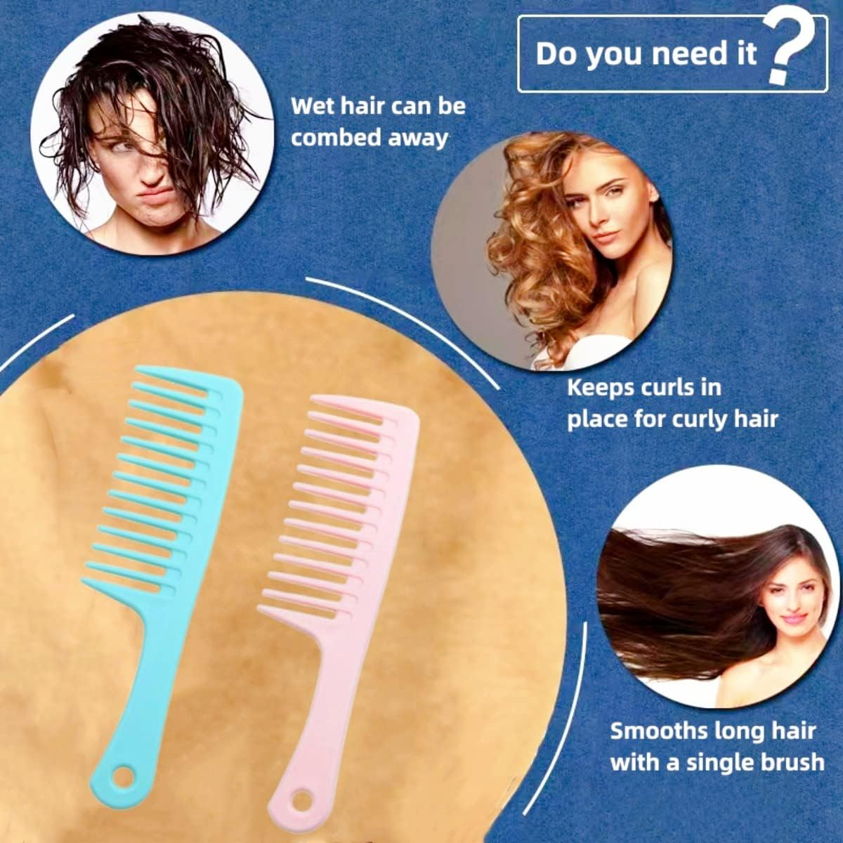 Wide Tooth Comb with Thickened Handle for Long, Curly, Wet Hair - Smooth without Tangles - 2-Piece Pink and Green image number 4