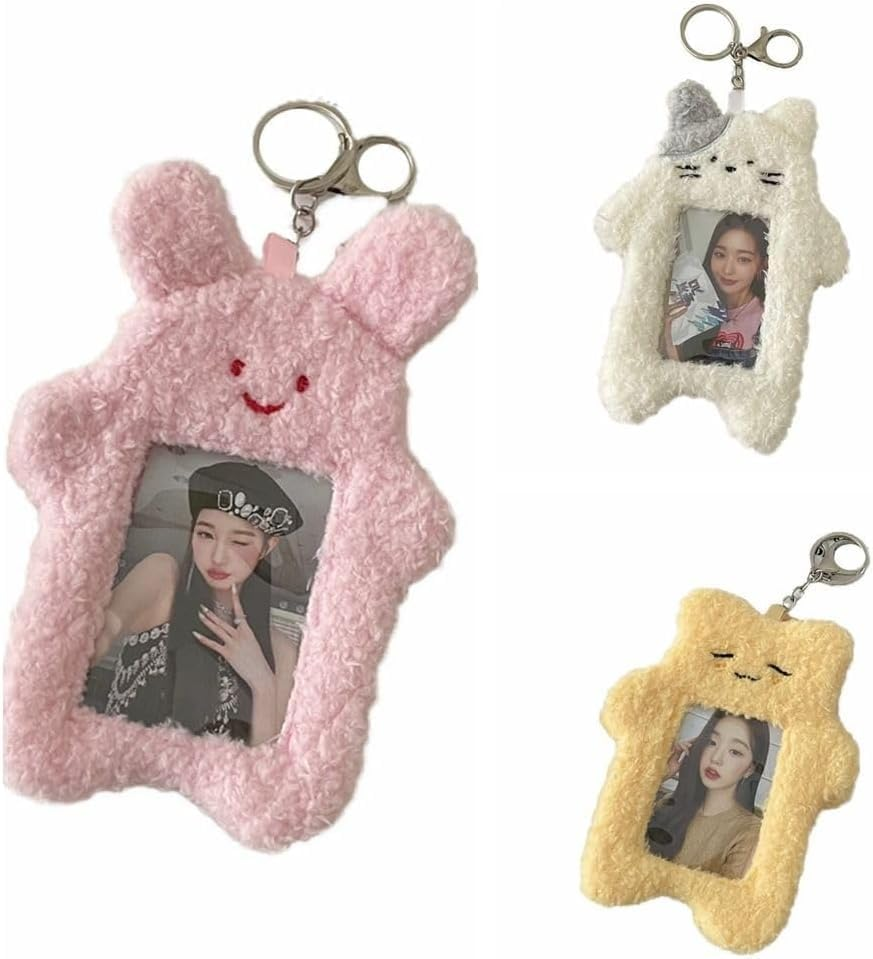 Juroicessry 1Pc White Photocard Holder,Cartoon Plush Photocard Holder Outdoor Girl Korean Style ID Card Cover Protective Case Card Sleeve Student Rabbit Identification Badges Supplies image number 3