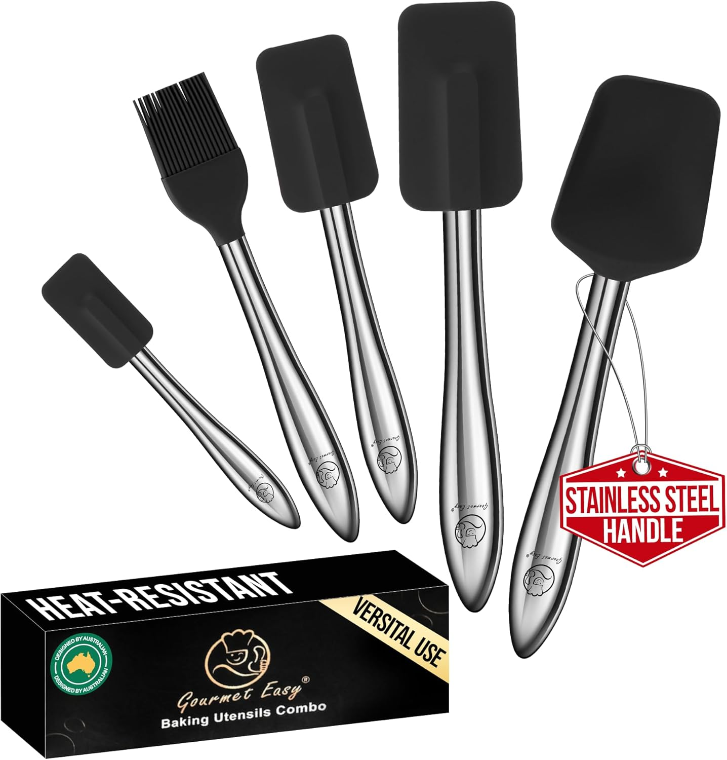 5Pcs Silicone Spatula Cooking Utensils Set with Stainless Steel Handles, Premium Heat-Resistant Kitchen Utensils for Baking, Spoonula & Silicone Brush Included, Safe for Nonstick Cookware (Red)