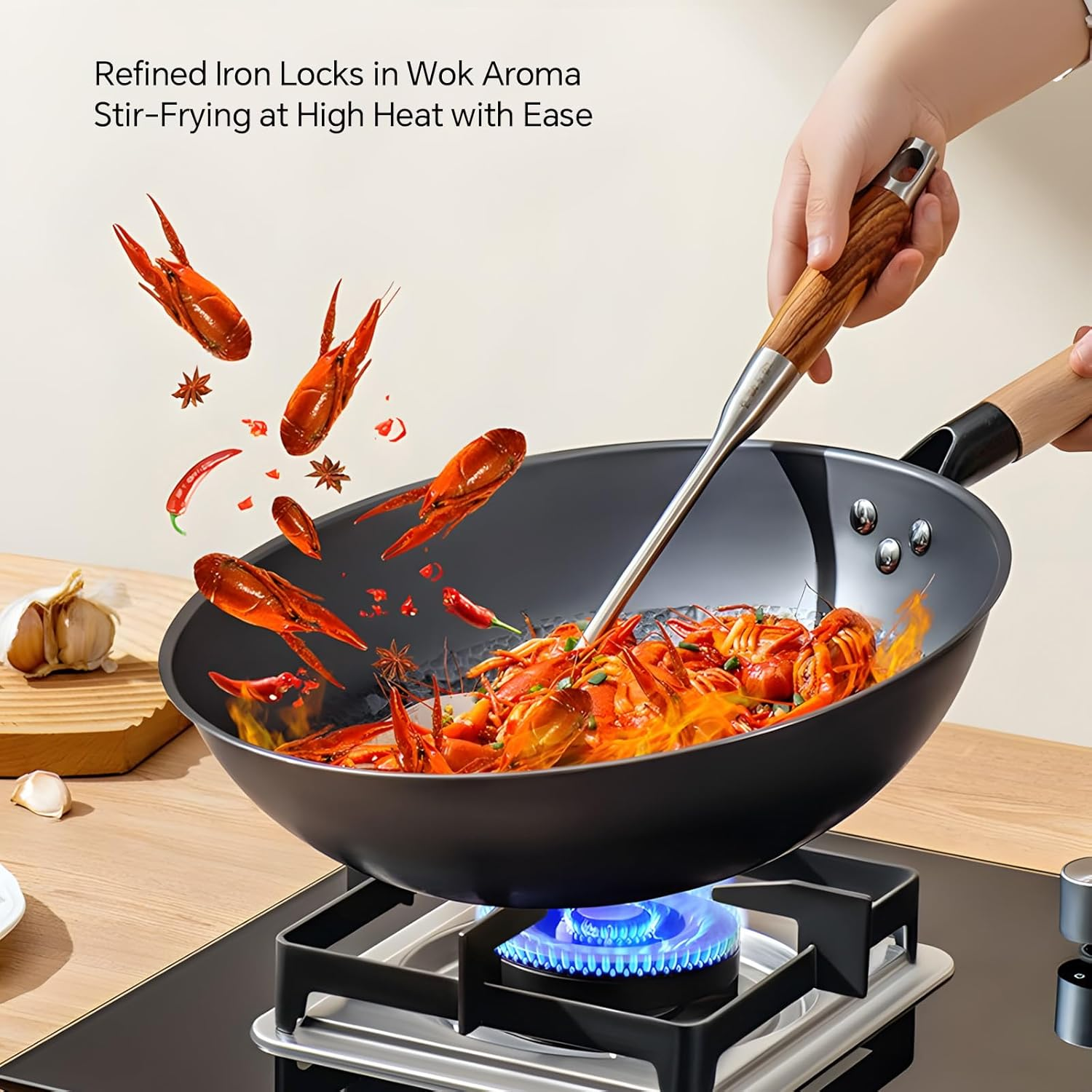 ZHANG XIAO QUAN since 1628 Carbon Steel Wok with Glass Lid - Hammered for Natural Non-Stick, Anti-Rust Nitride Cookware, round Bottom Chinese Wok Pan for Gas Stoves & Stir Fry (30Cm/12) image number 2