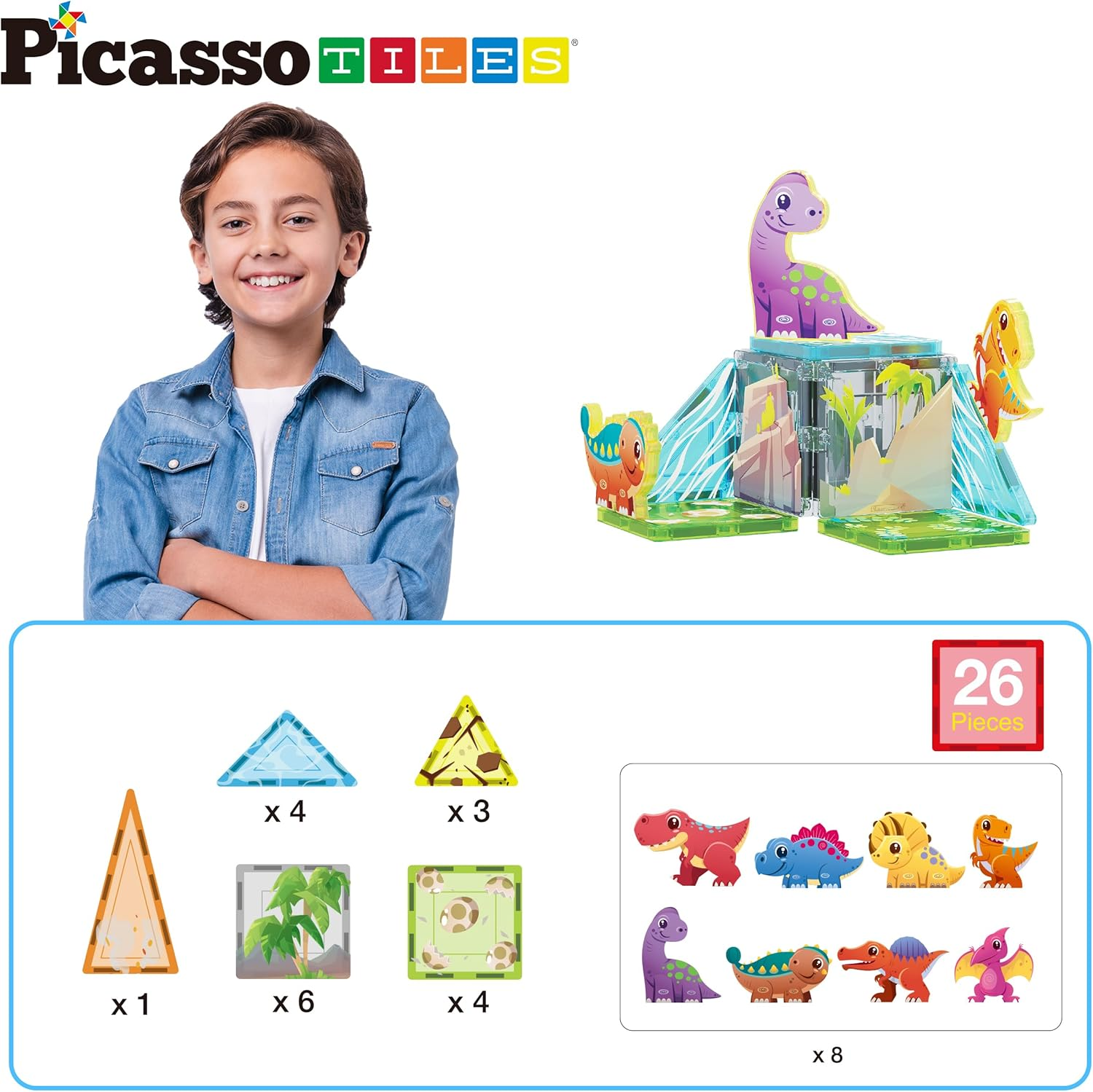 Picassotiles Magnet Tile Building Blocks Dinosaur World Themed Playset with 8 Animal Character Action Figures Magnetic Tiles STEM Learning Pretend Play Toy Construction Set Boys Girls Ages 3+ PTQ23 image number 3