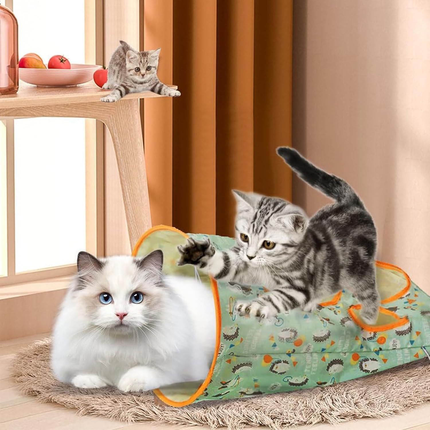 Cat Tunnel Toy, with 1 Little Mouse & 3 Toy Ball, Kitty Pet Collapsible Tunnel Crinkle Sack Bag Self Hide and Seek Play for Indoor Peekaboo Interactive Smarty Cat Cave Toy. (Green and Orange) - Light Green image number 5