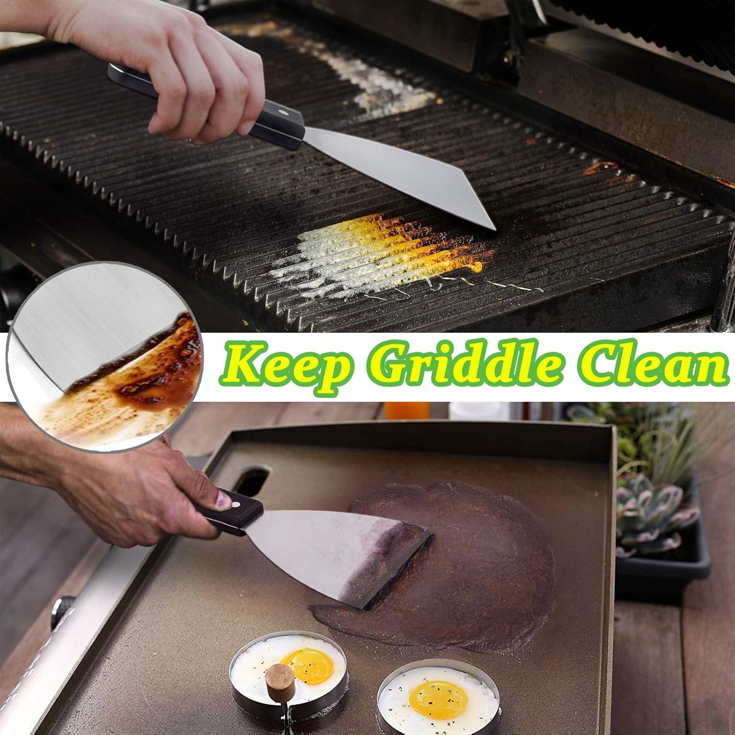 Hasteel Griddle Scraper 2Pcs, Stainless Steel 9.5In Slant Edge Metal Grill Scraper Chopper for Food Service & Cleaning Supplies, Perfect for Teppanyaki Flat Top BBQ Indoor & Outdoor, Dishwasher Safe - Abs Handle image number 3