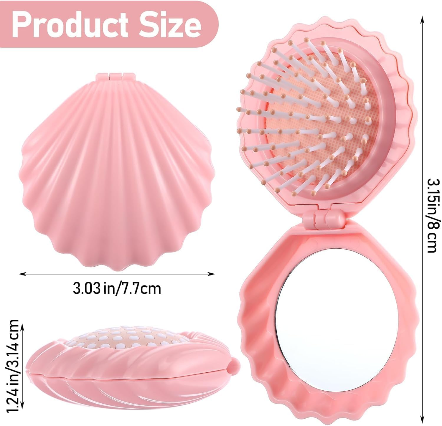 Shell Shape Pocket Hair Brush with Mirror, 2Pcs Folding Travel Hair Brush with Mirror,Shell Shape Pocket Hair Brush with Mirror Folding Hair Brush Portable Cute Hair Massage Comb Mini Hair Brush image number 1