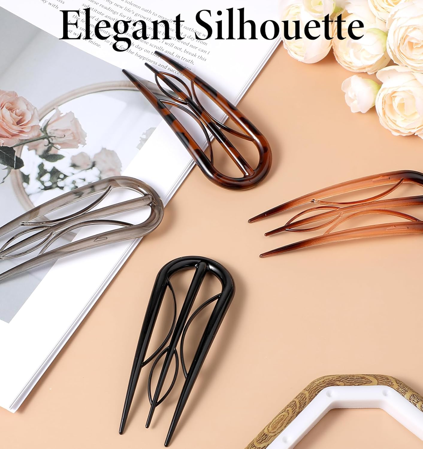 Large French Hair Pin, 4 Pcs French Hair Pins for Women Fine Hair, Plastic Hair Pins, French Twist Hair Clips with 3 Inner Teeth Design for Women, U Shaped French Hairpin & Hair Prong & Forks