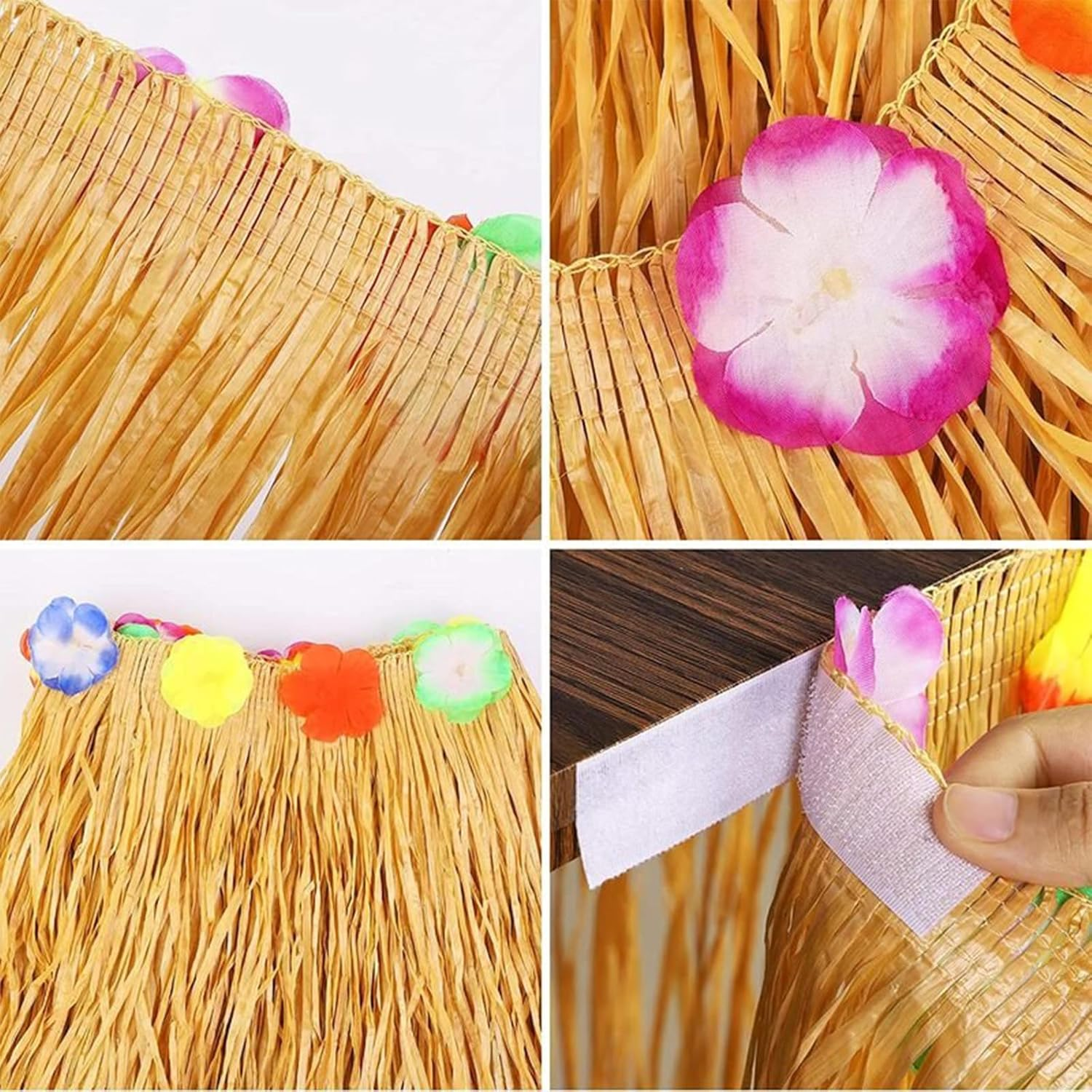 4 Pcs Luau Grass Table Skirt, Hawaiian Luau Hibiscus Table Skirt Faux Flowers Table Hula, Grass Skirt Table Fringe Luau Table Decorations, Party, Events, Birthdays, Celebration Decoration image number 2