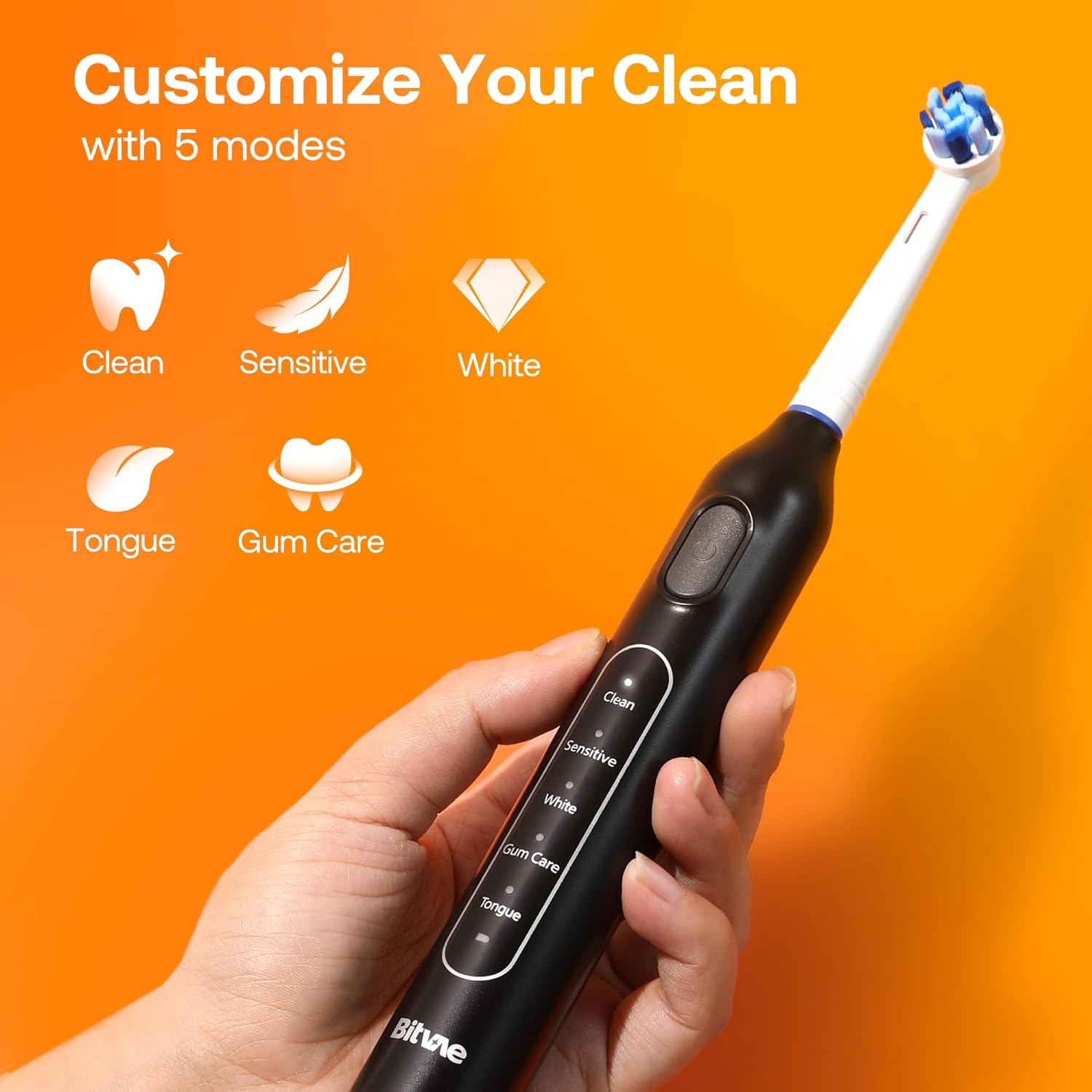 Bitvae R1 Rotating Electric Toothbrush for Adults and Kids, Rechargeable Electric Toothbrush with 60-Day Battery Life, 8 Brush Heads, 5 Modes, 2-Minute Smart Timer, Black - Black  White image number 4