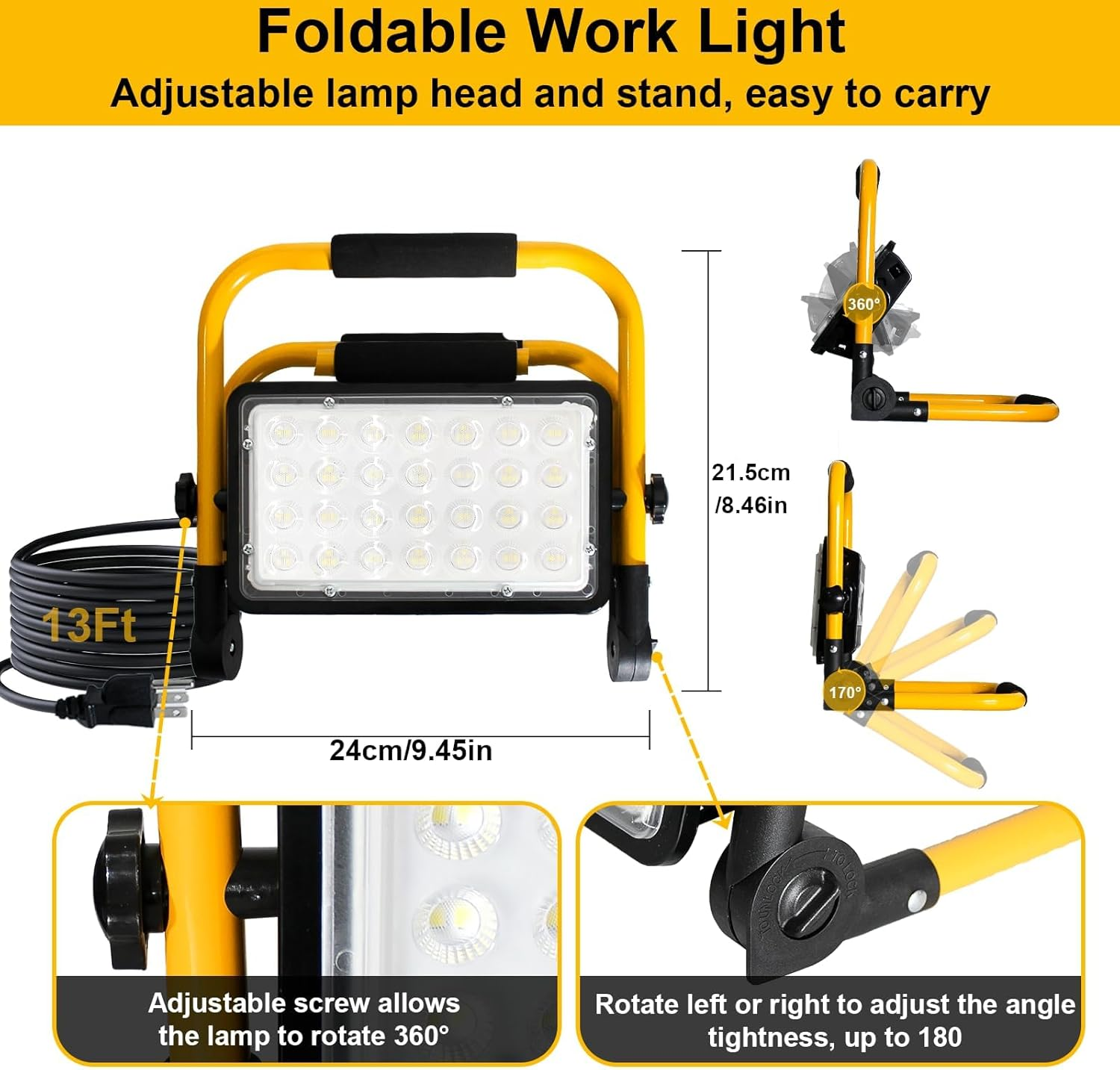 LED Work Light, 50W 5000LM Work Lights with Stand, 6500K Super Bright Flood Lights Outdoor, 13.1Ft 4M Cord with Plug, IP66 Waterproof Portable Worklights for Job Site Workshop Garage Construction Site image number 2