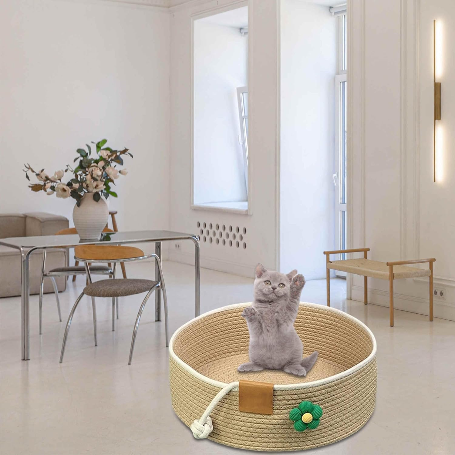 CAPASTEC Woven Cat Bed, 35 Cm Diameter, Foldable Basket Nesting Site, Breathable Pet Lounger, Claw Abrasion-Resistant Universal Kitten Bed, Khaki image number 6