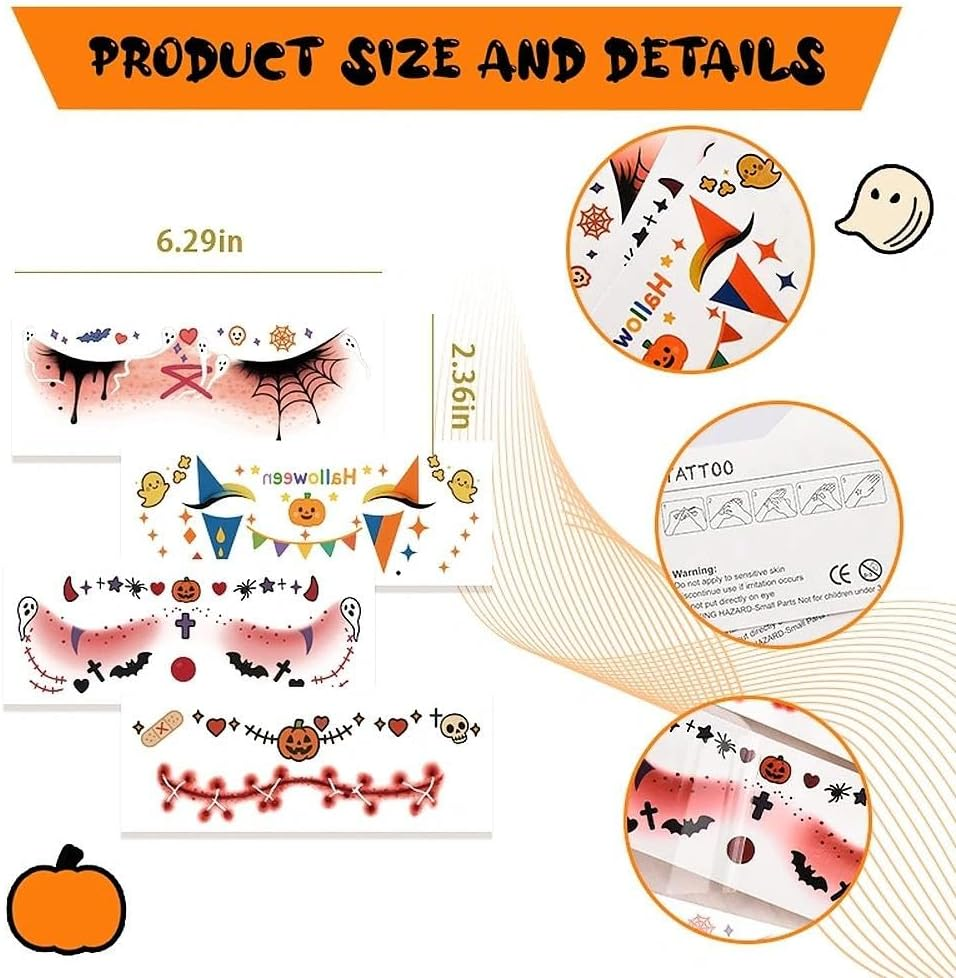 Halloween Face Stickers for Women Girls Cute Bat Skull Spider Pumpkin Temporary Face Tattoos for Day of the Dead Festival Halloween Party Vampire Gothic Masquerade Makeup Decorations 4Pcs - Pumpkin image number 1