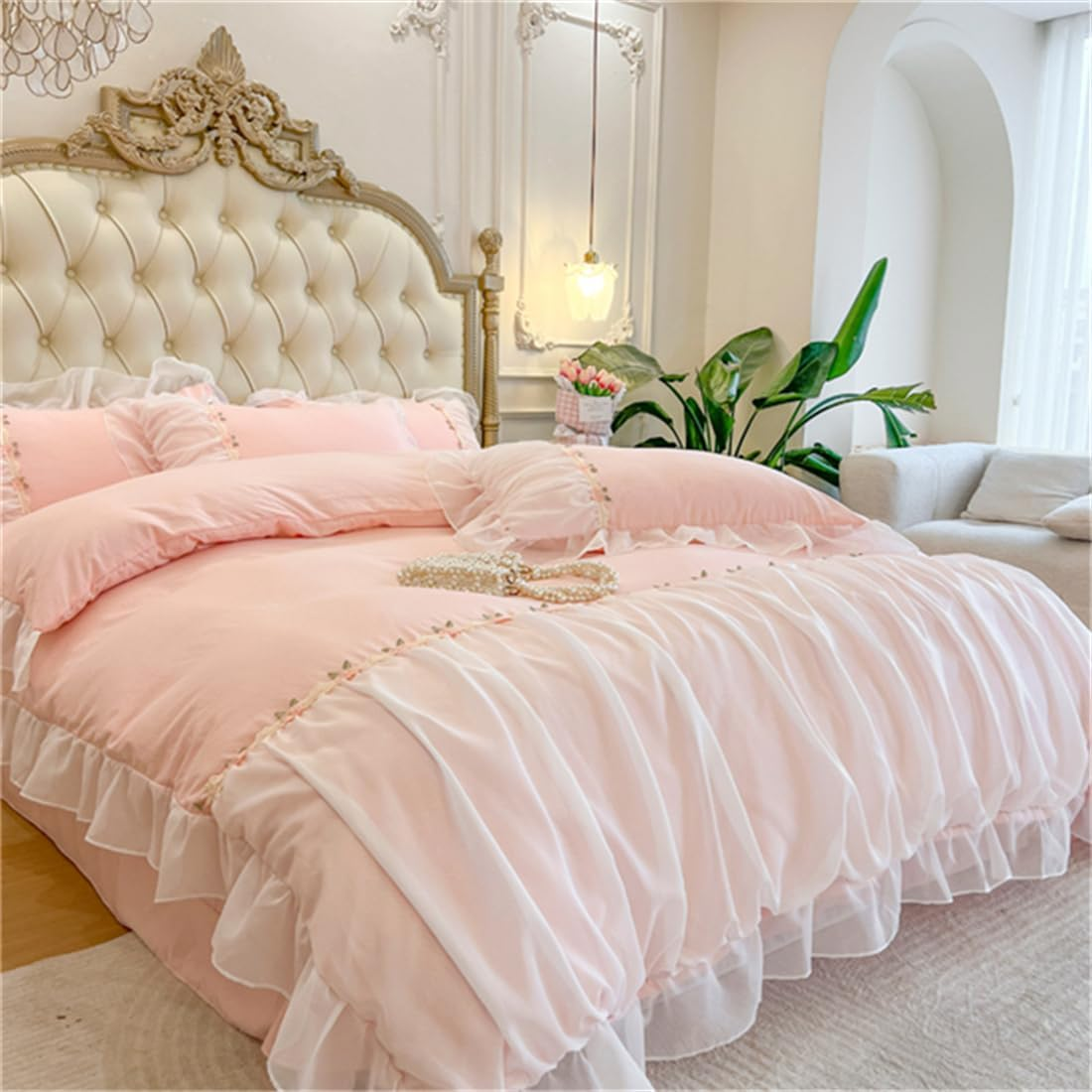 MOOWOO Pink Bedding-Romantic Ruffle Lace Bedding Set 3 Piece Comforter Queen Duvet Cover with Zipper Closure,Coquette Room Decor-Pink,Queen Size image number 6